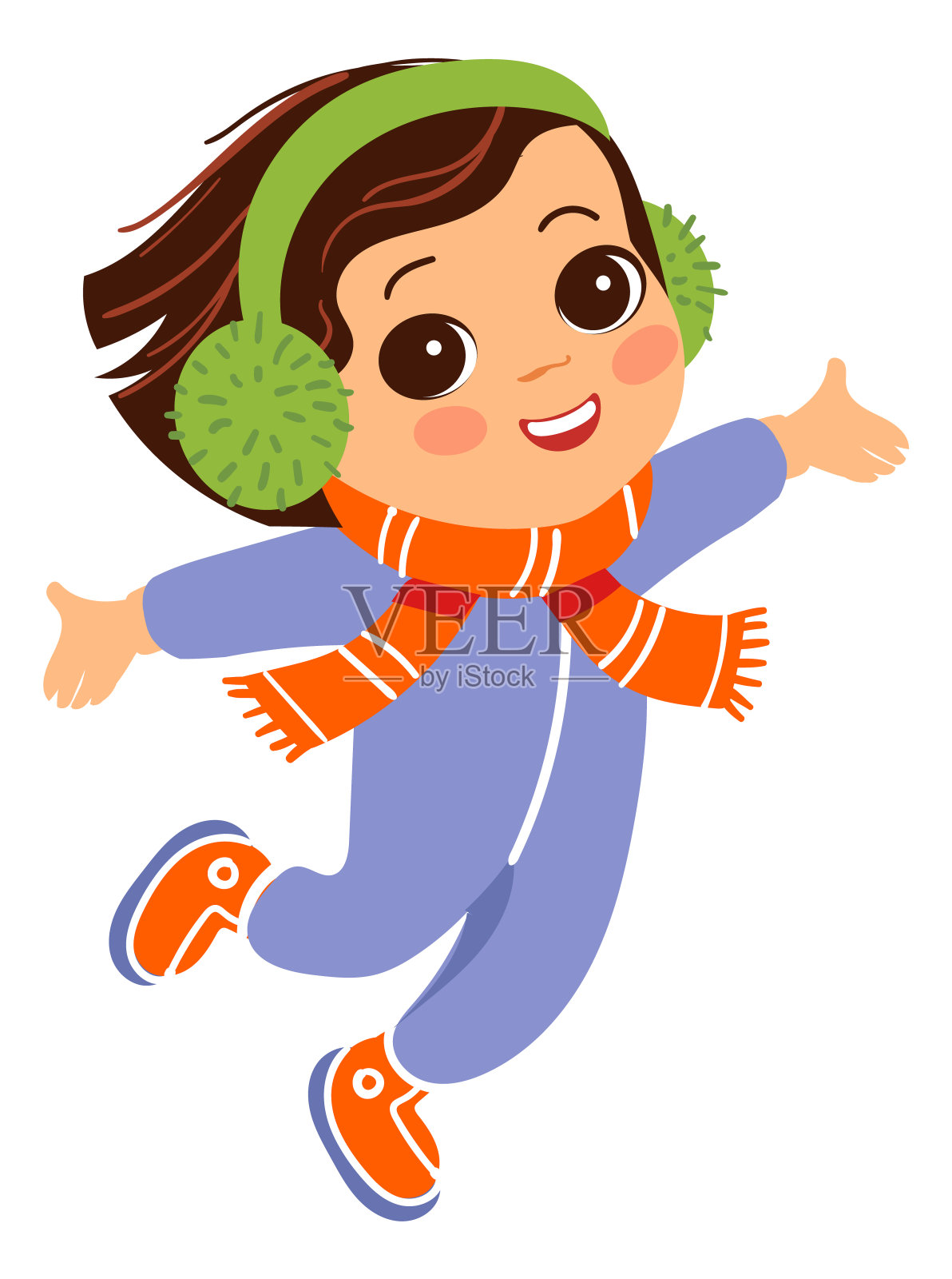 戴着耳套和围巾的快乐女孩。在冬天在户外玩耍的兴奋的孩子设计元素图片