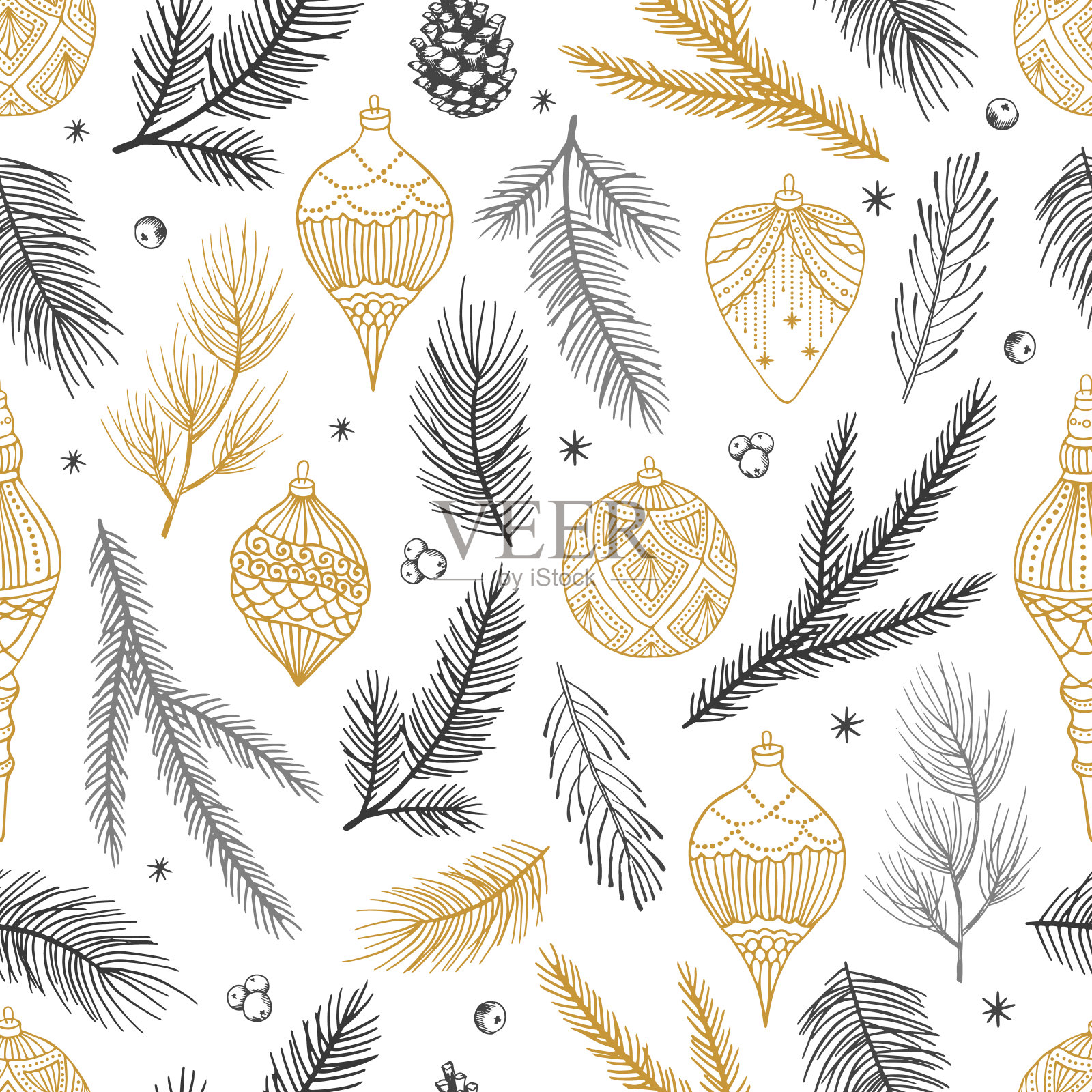 圣诞节和快乐新年无缝图案与圣诞玩具和礼物。时尚复古的风格。矢量设计模板。插画图片素材