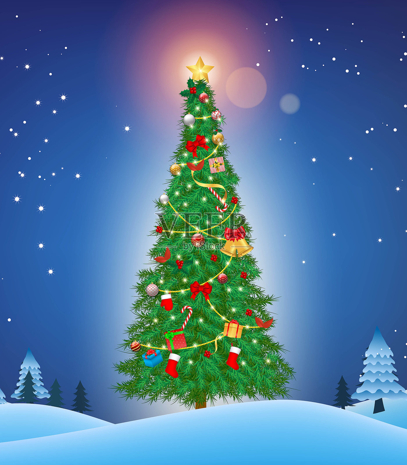 现实圣诞树装饰或豪华冷杉圣诞树与星星灯和礼品盒或装饰圣诞模板为横幅。每股收益向量插画图片素材