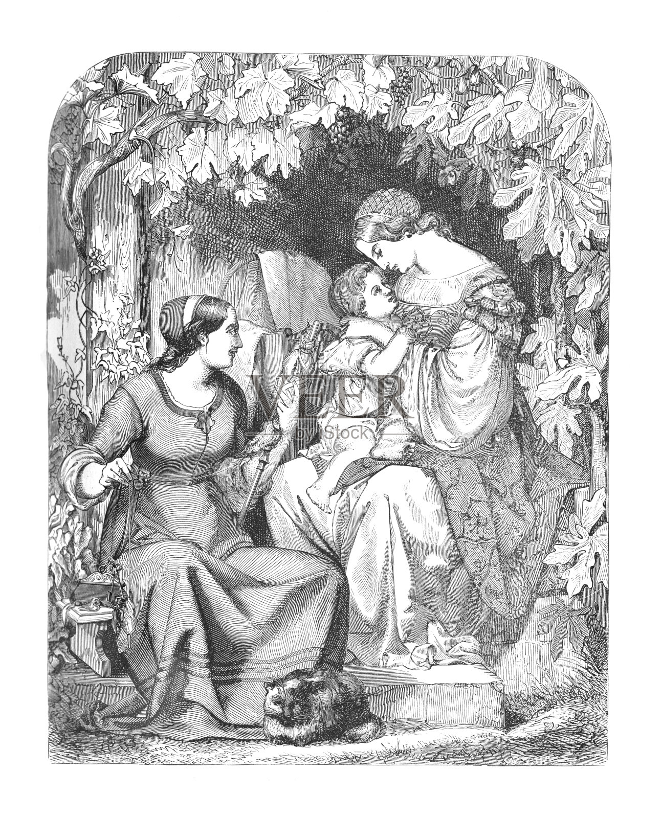 维多利亚妇女和孩子，古董雕刻插图插画图片素材