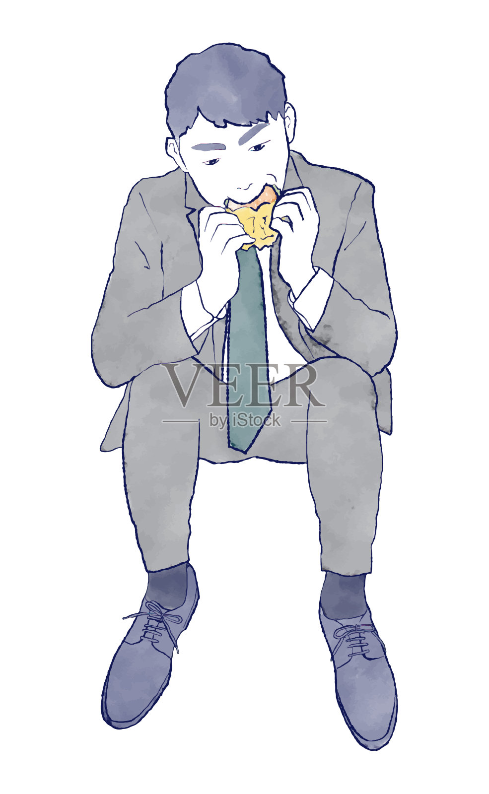 一个亚洲商人正在吃汉堡包的水彩画手绘插图。垃圾食品的概念和饮食习惯。穿着西装的男人坐着插画图片素材