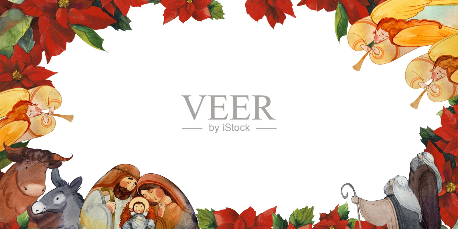 水彩画的圣诞框架上有耶稣诞生的场景:约瑟夫，玛丽，耶稣在马槽里，一头驴和一头牛，天使，牧羊人在伯利恒的夜晚和一个猩猩木花环。圣诞装饰插画图片素材