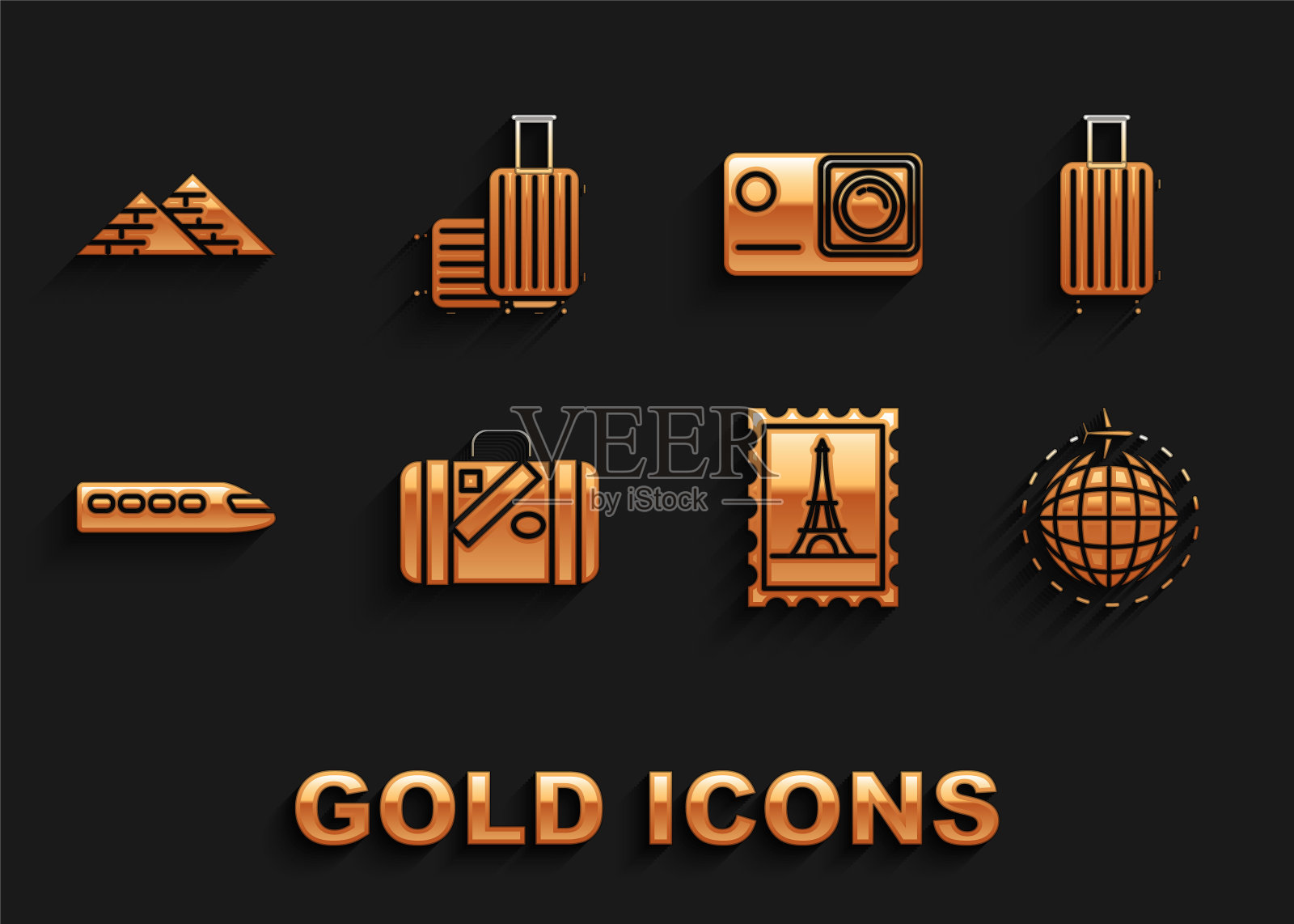 设置旅行箱旅行和贴纸，全球飞行飞机，邮政邮票埃菲尔铁塔，火车，行动极限相机，埃及金字塔和图标。向量图标素材