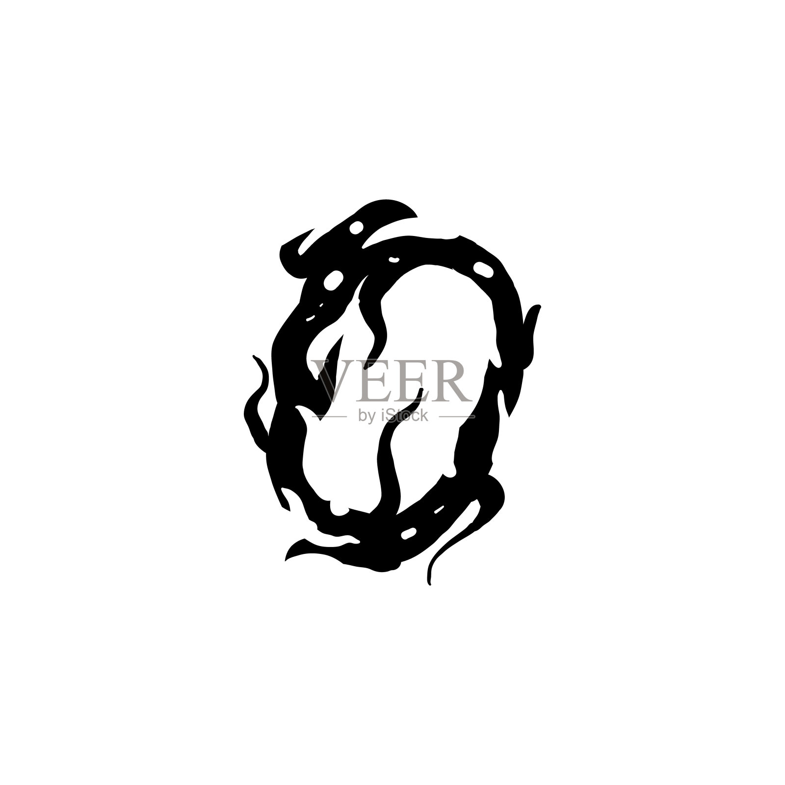 字母O是哥特式涂鸦风格。黑色的字母和卷发。符号或设计元素。矢量插图孤立的白色背景。向量EPS 10。插画图片素材