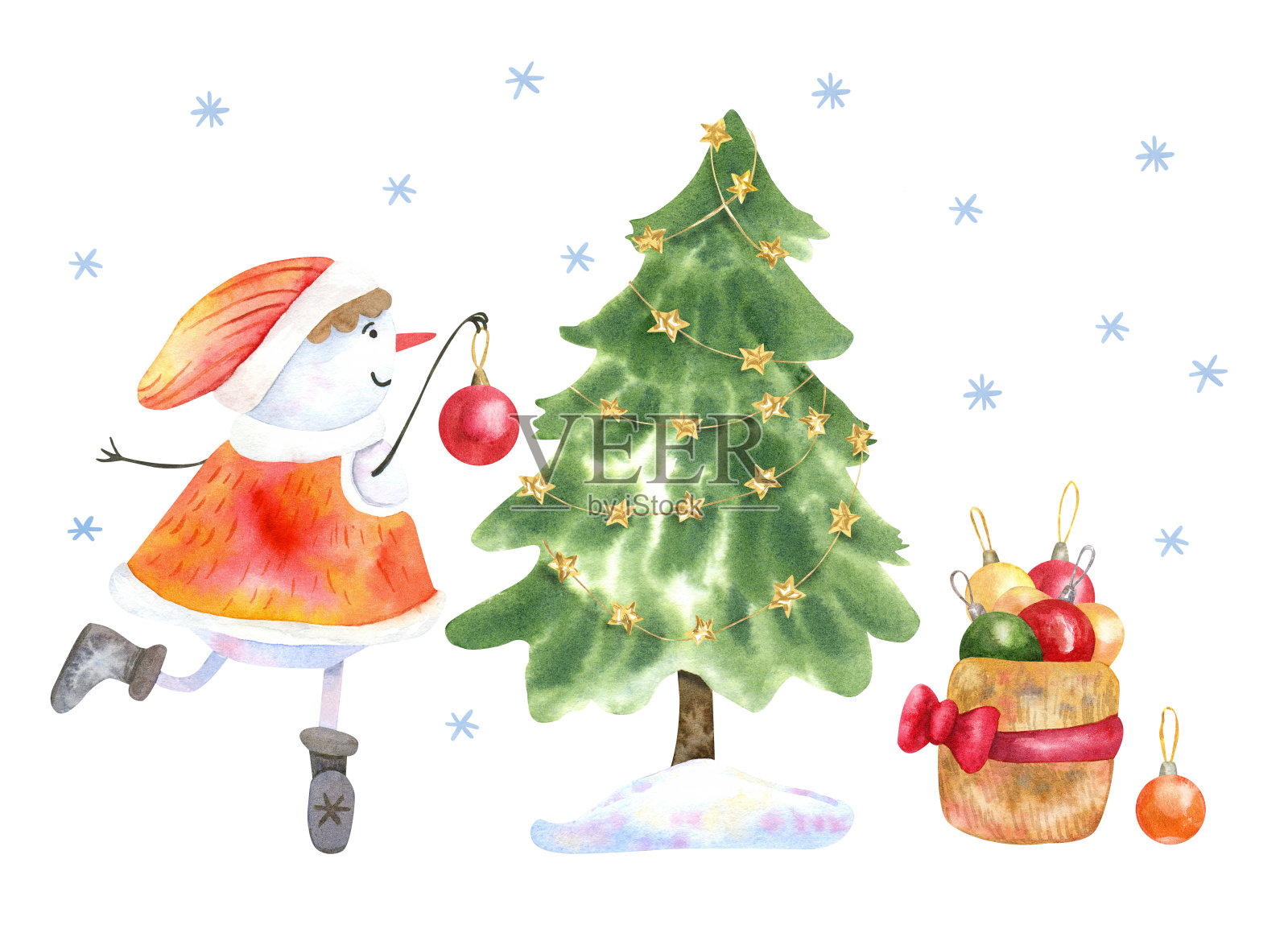 雪人装饰圣诞树水彩画插图插画图片素材