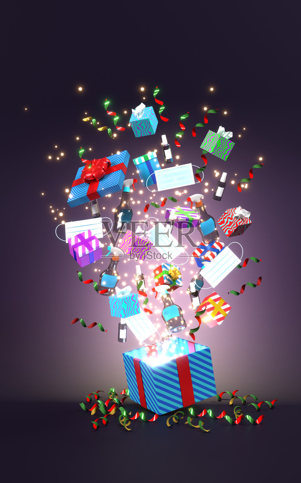 圣诞礼物从礼品盒里拿出五彩纸屑和派对彩带，装饰在紫色背景上照片摄影图片