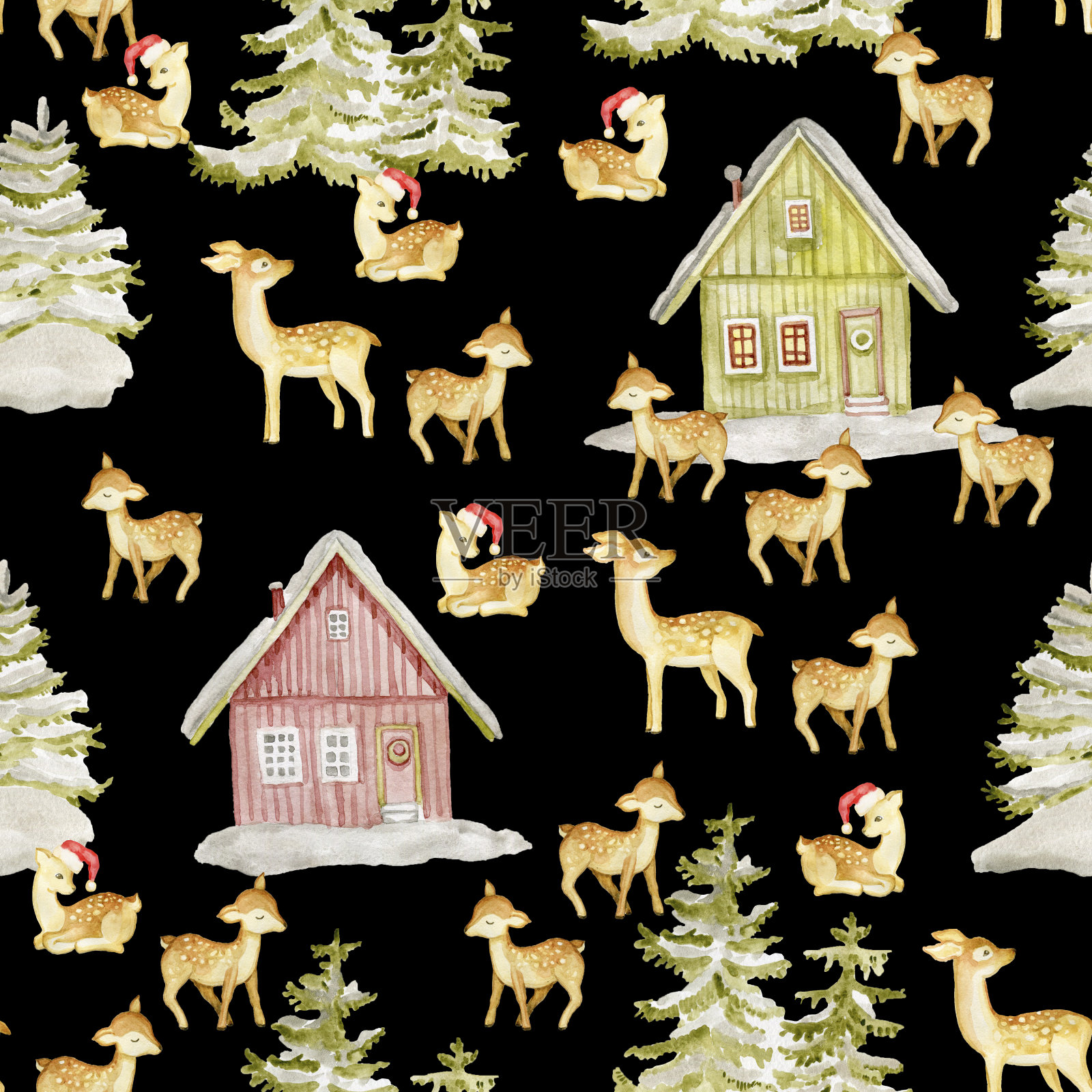 无缝图案包装纸圣诞鹿水彩手插画图片素材