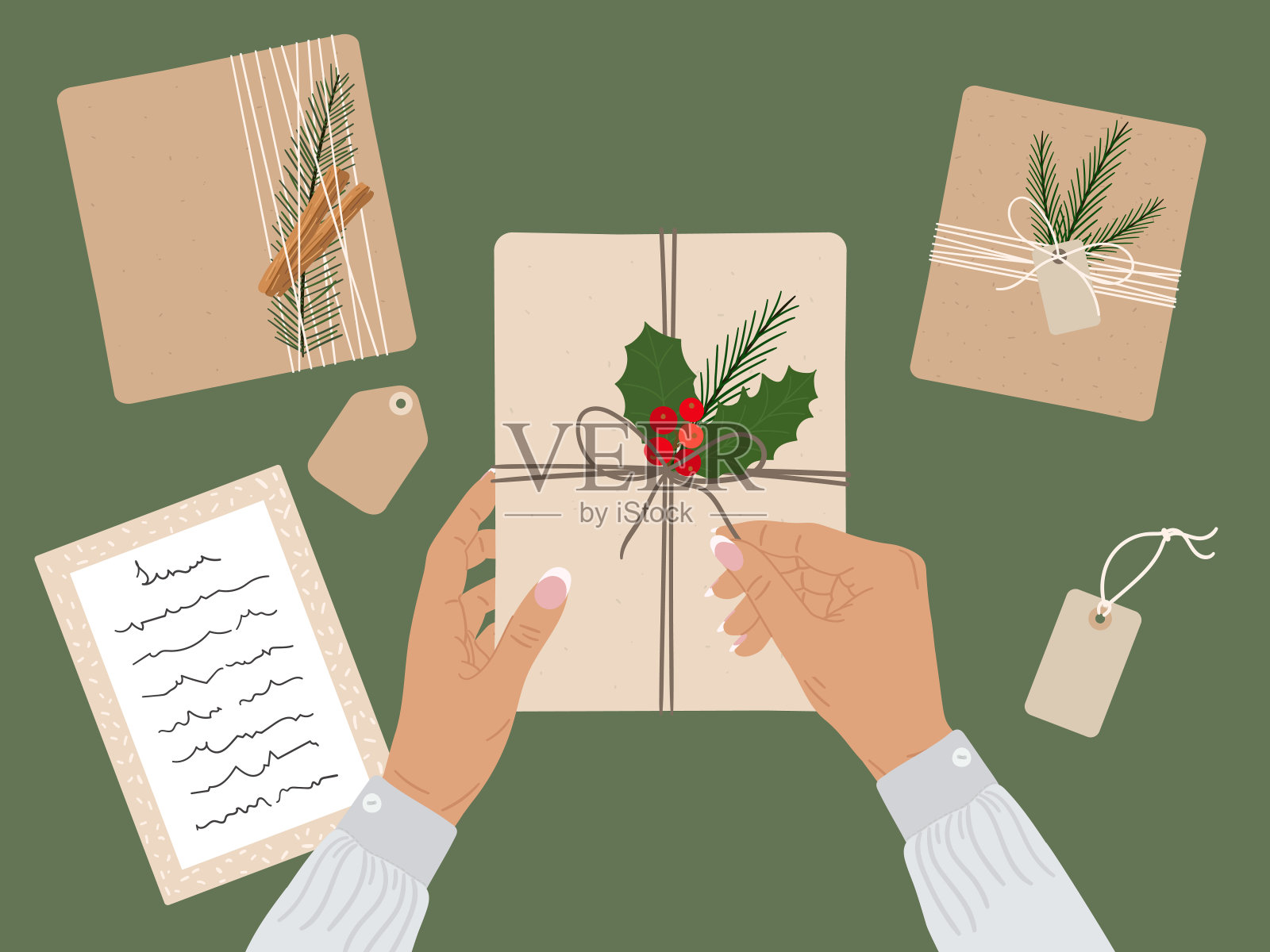 棕色女性双手打开用牛皮纸包裹的礼盒，并缠绕丝带。俯视图环保包装，红莓，松枝，标签。Eco圣诞节的概念。手绘矢量图设计模板素材