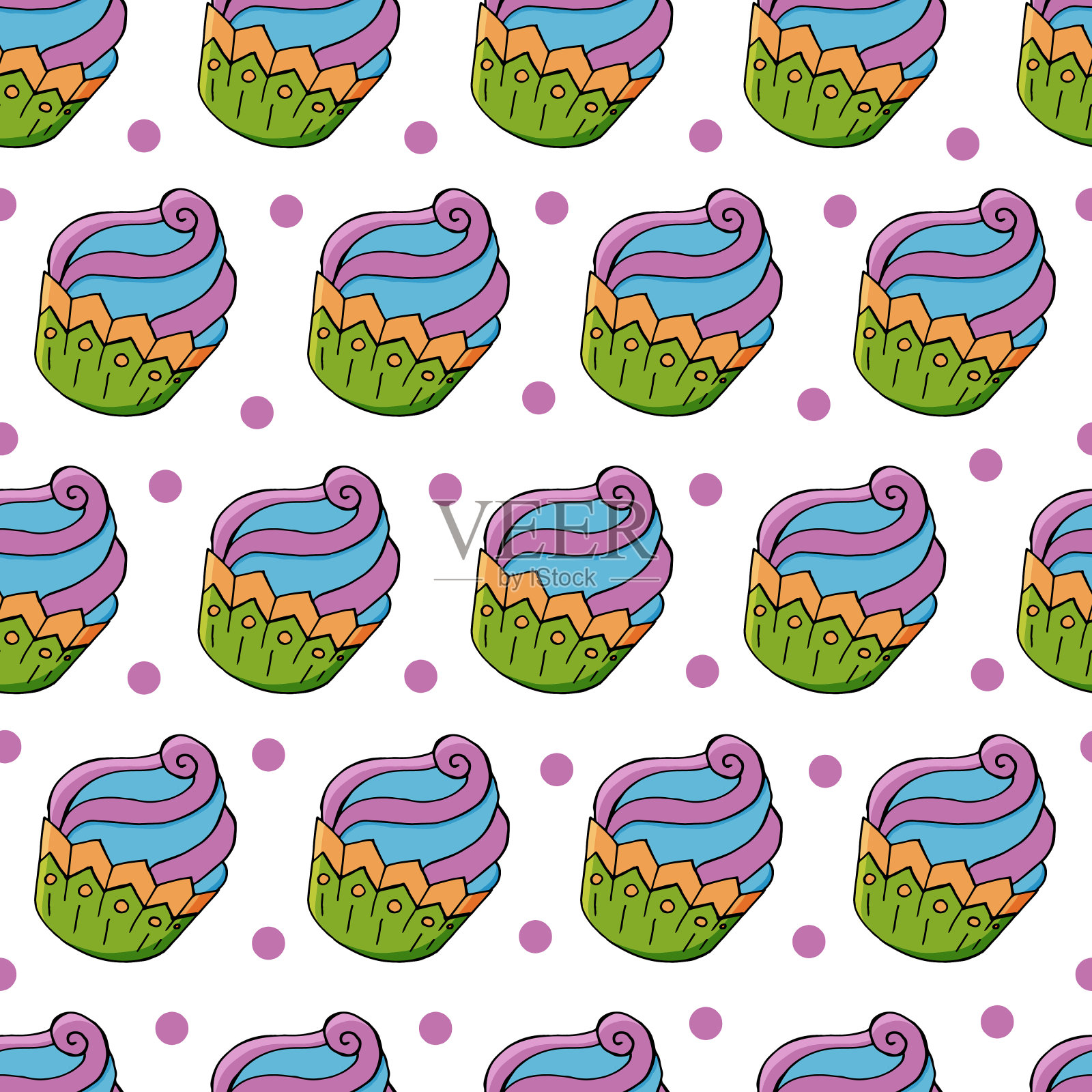 无缝图案与甜点。矢量插图。可爱的松饼,蛋糕。带有圆点的装饰印花插画图片素材