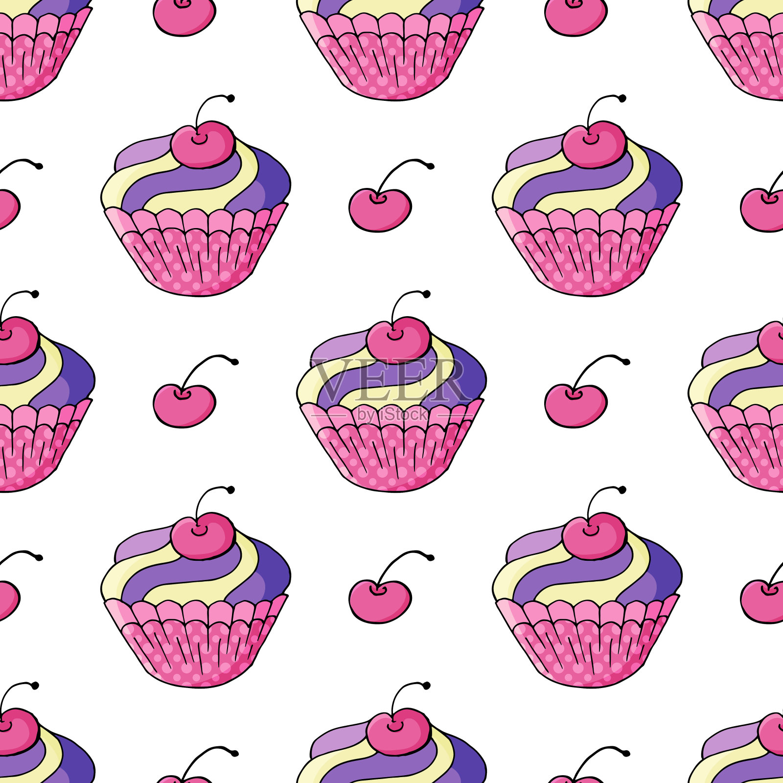 无缝图案与甜点。矢量插图。可爱的松饼。樱桃。可用于包装、包装插画图片素材