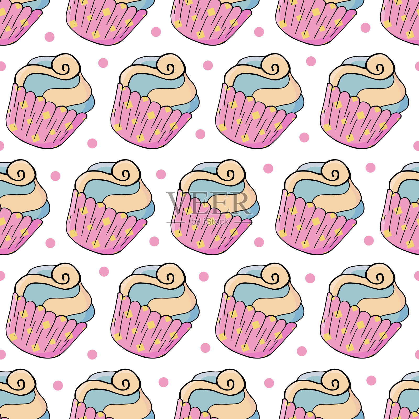 无缝图案与甜点。矢量插图。可爱的松饼,蛋糕。圆点的背景。纹理插画图片素材