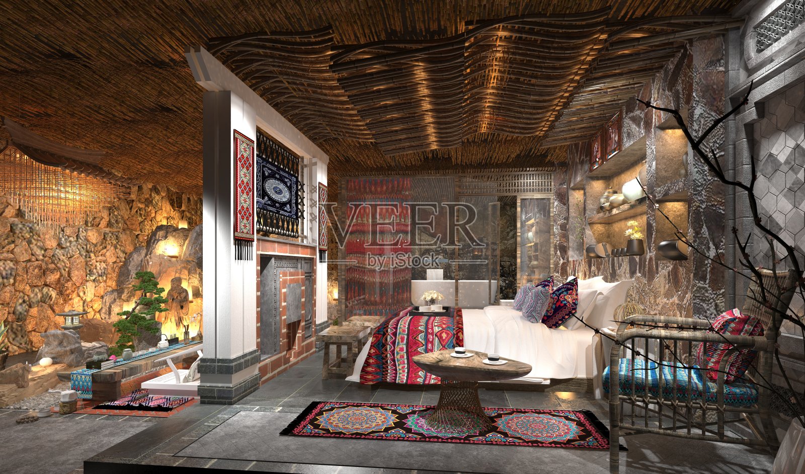 亚洲风格的客厅，室内装饰，3d渲染照片摄影图片