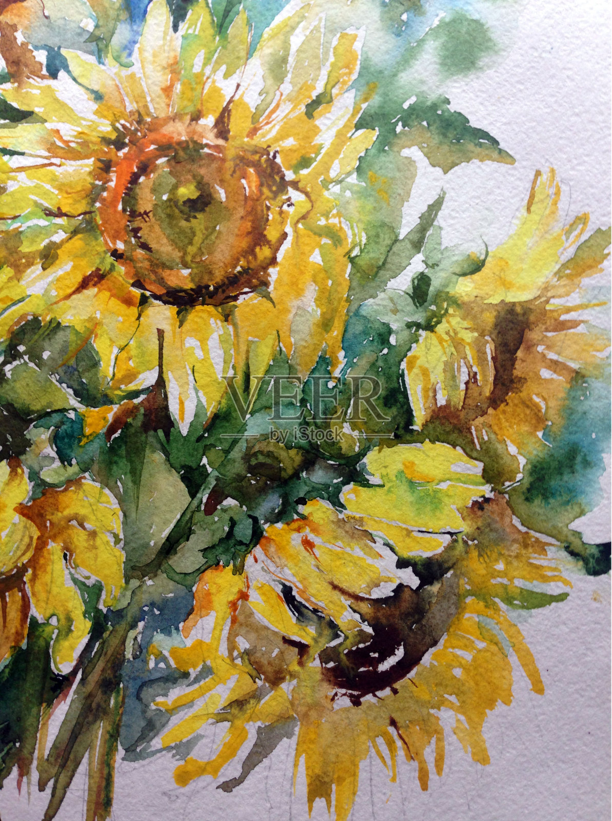 抽象鲜艳的装饰背景。花图案手工制作。美丽、温柔、浪漫的向日葵花束插画图片素材