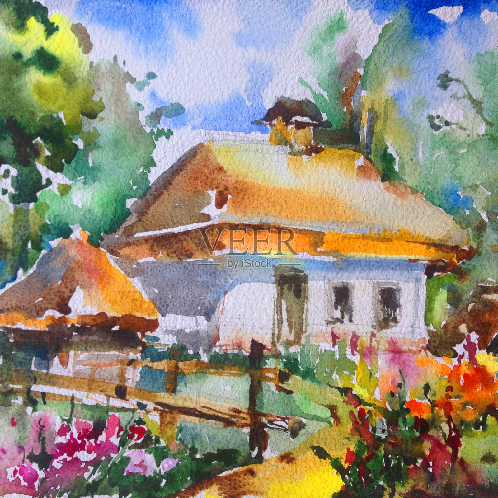 水彩彩色明亮的纹理抽象背景手工制作。地中海风景。画了村庄的建筑和植被插画图片素材