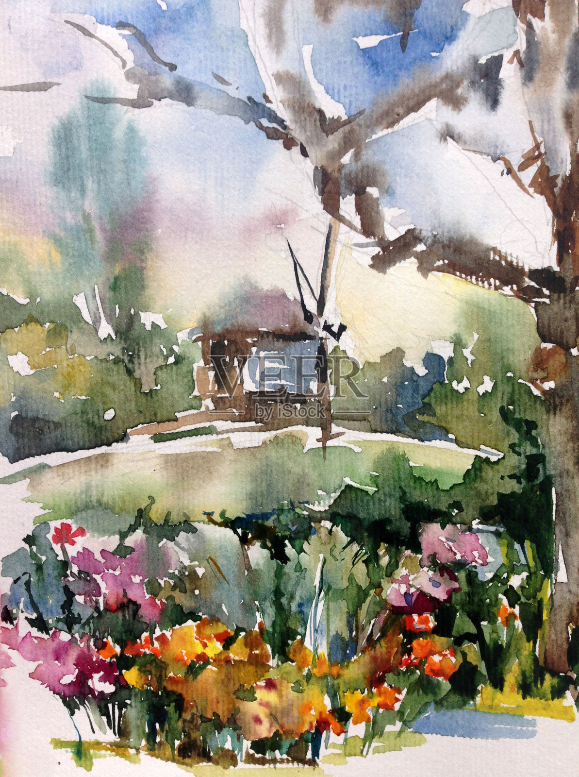 水彩彩色明亮的纹理抽象背景手工制作。地中海风景。画了村庄的建筑和植被插画图片素材