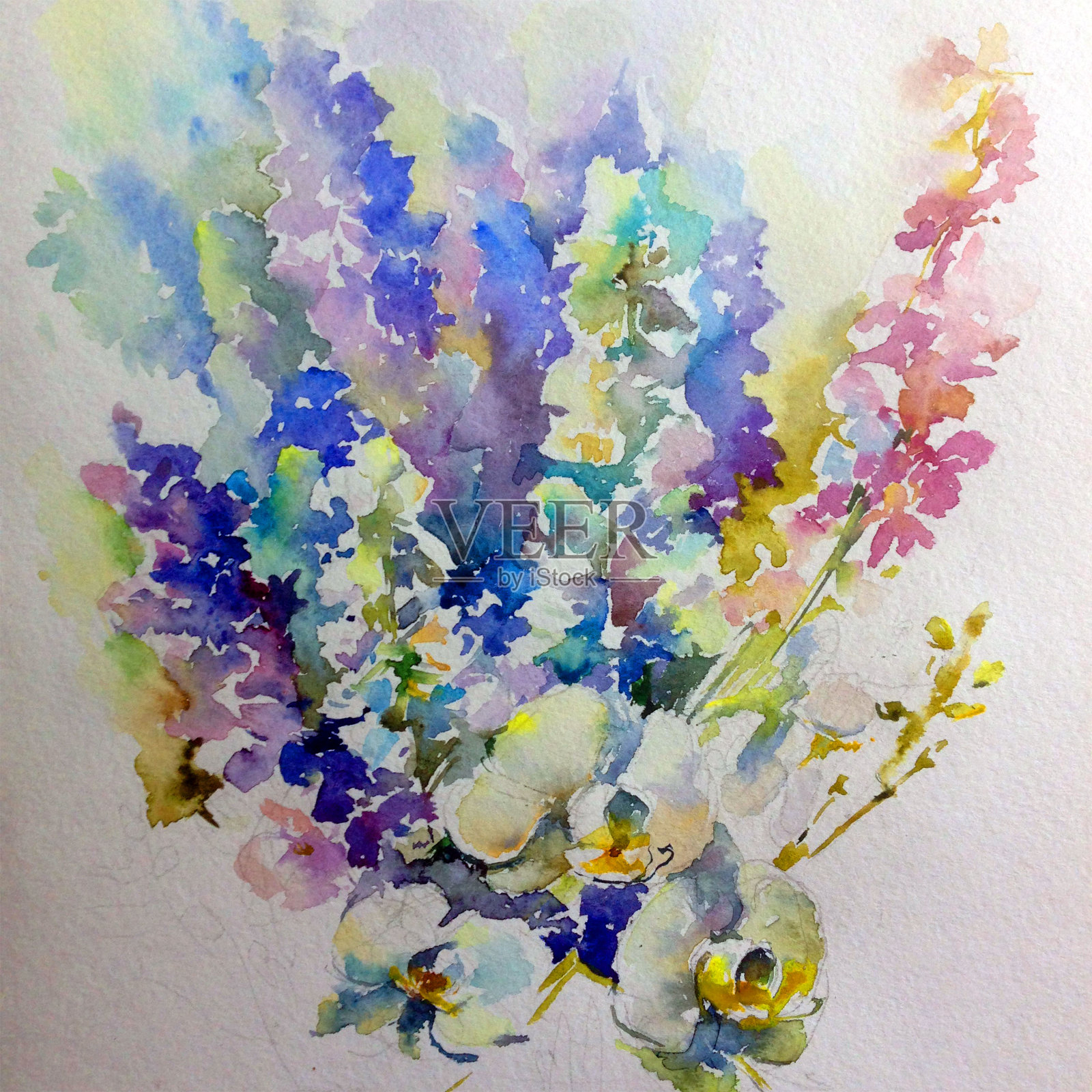 抽象鲜艳的装饰背景。花图案手工制作。美丽温柔浪漫的野花花束插画图片素材