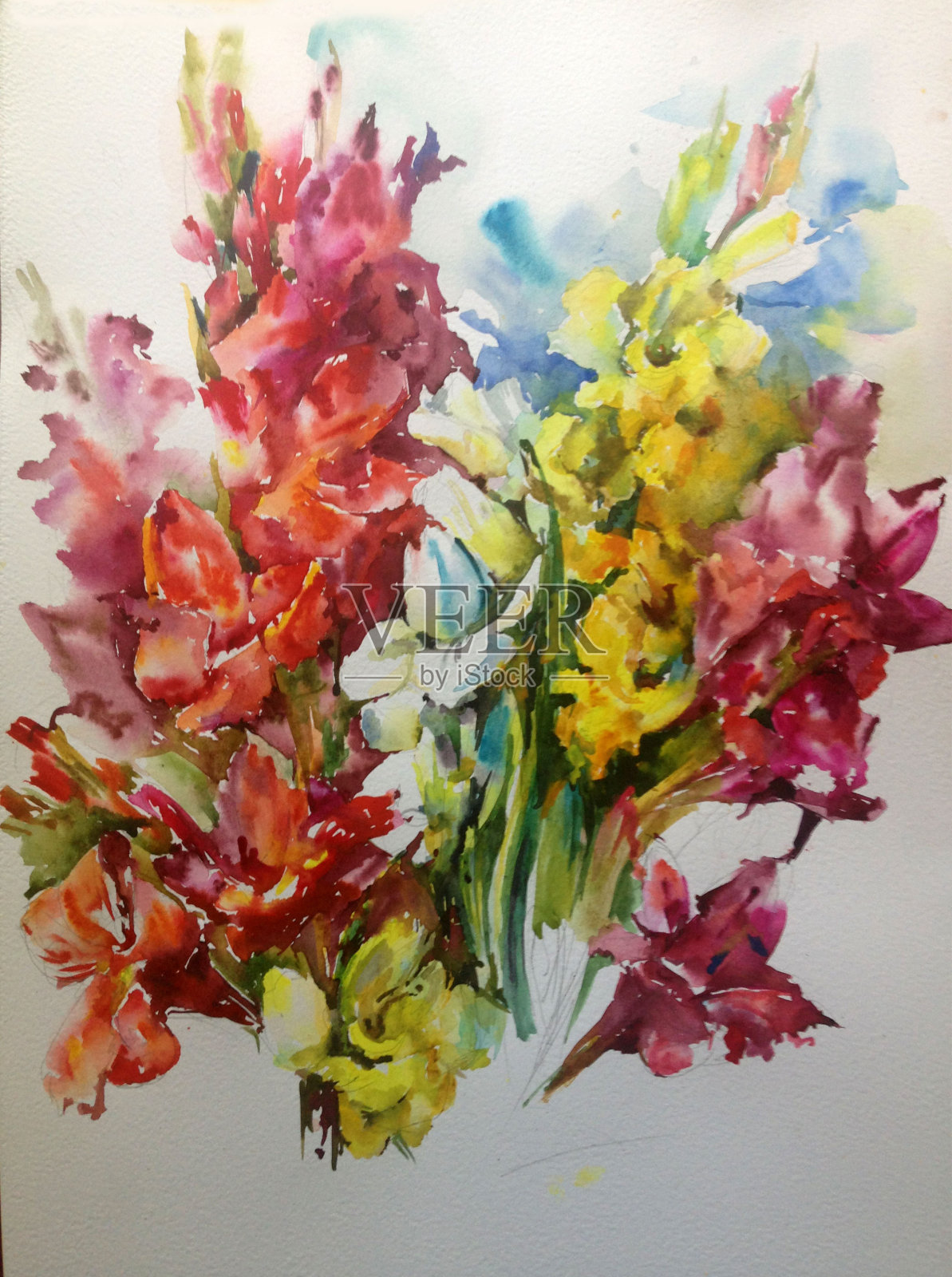 抽象鲜艳的装饰背景。花图案手工制作。美丽温柔浪漫的剑兰花束插画图片素材