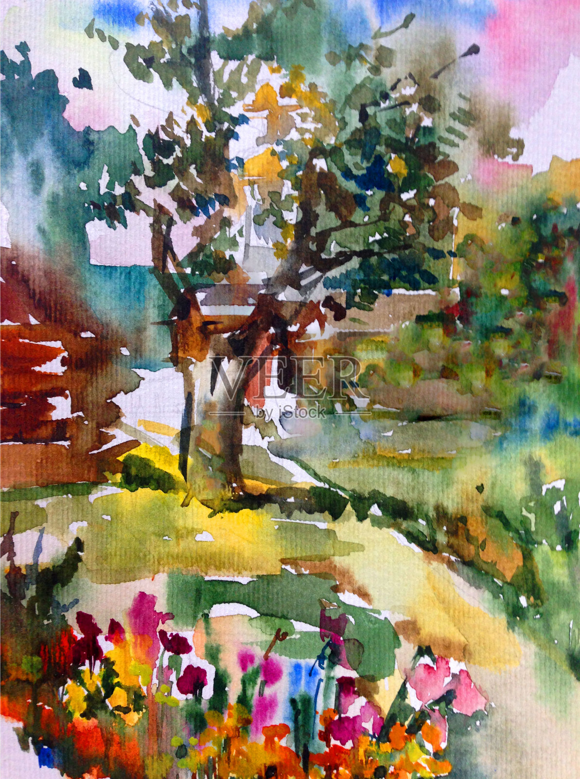 水彩彩色明亮的纹理抽象背景手工制作。地中海风景。画了村庄的建筑和植被插画图片素材