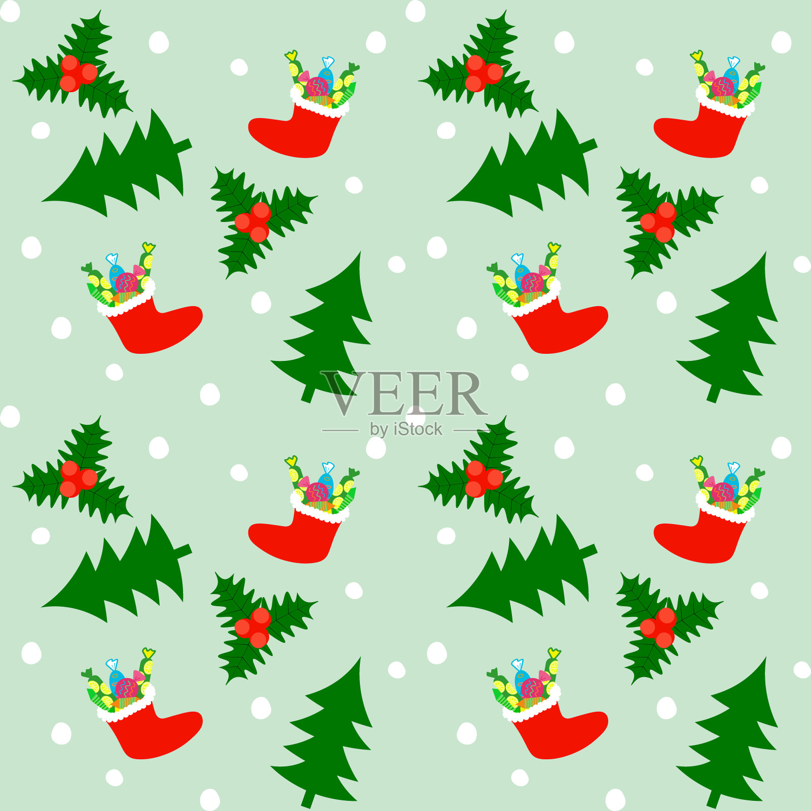 圣诞图案有冷杉、冬青、糖果、红靴子、雪球、艺术感。矢量插图,无缝的。设计模板素材