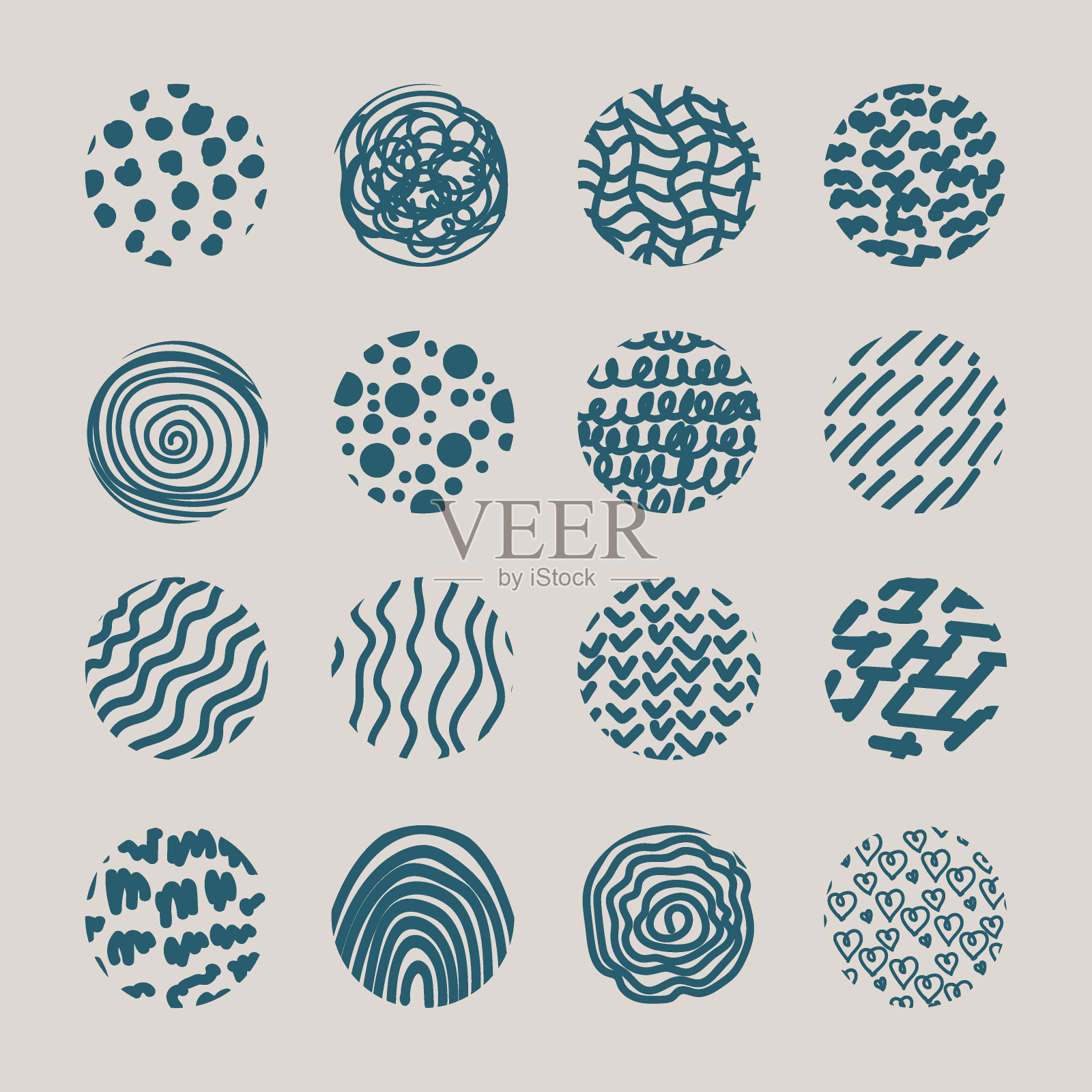 大套圆形抽象翡翠背景或图案。手绘涂鸦。斑点，斑点，心形，曲线，线条。现代现代梦幻矢量插图。海报，社交媒体徽章模板。插画图片素材