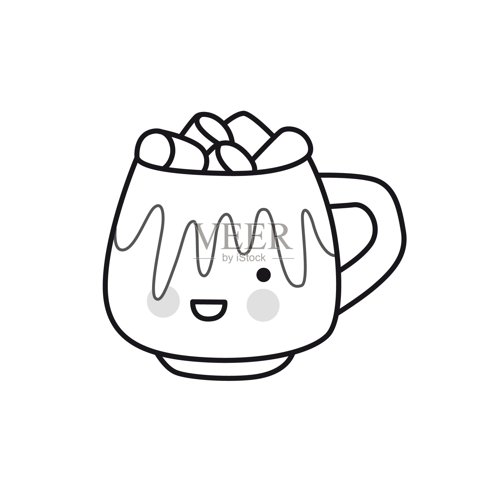 热巧克力饮料与棉花糖。大纲说明。传统的冬日热饮，可爱的红脸。插画图片素材