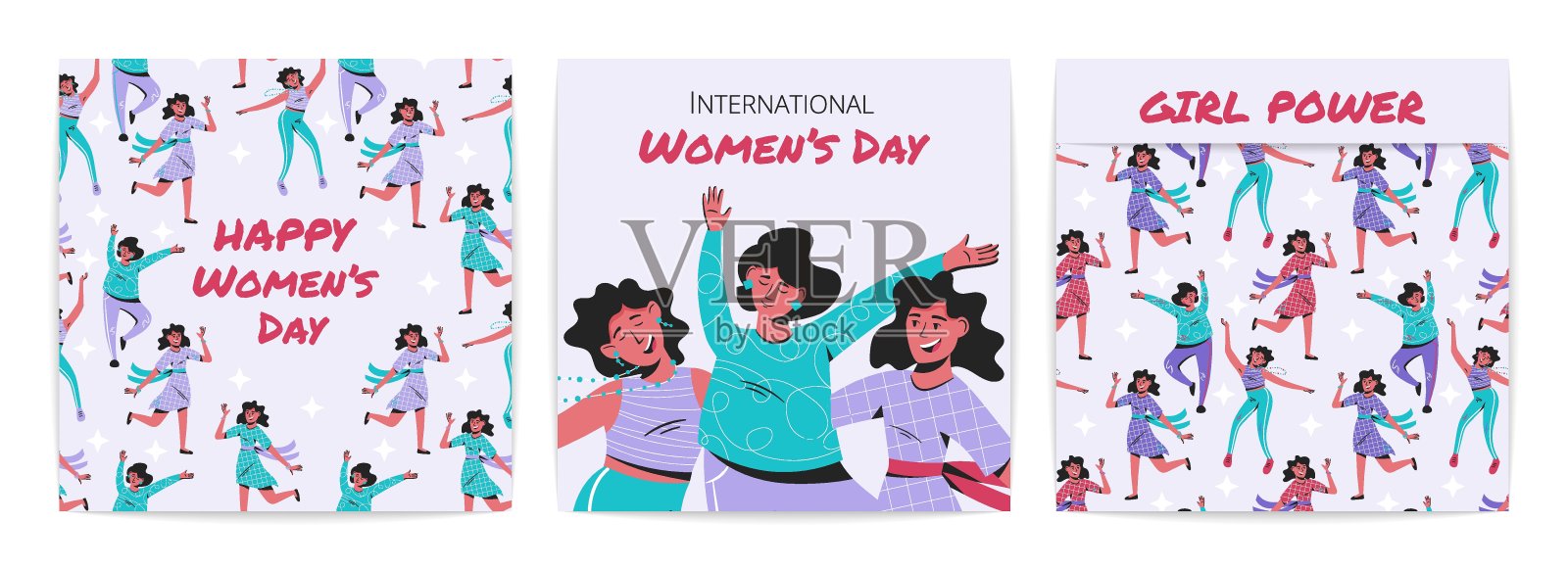 一套三幅国际妇女节海报。向量卡通插图。设计模板素材