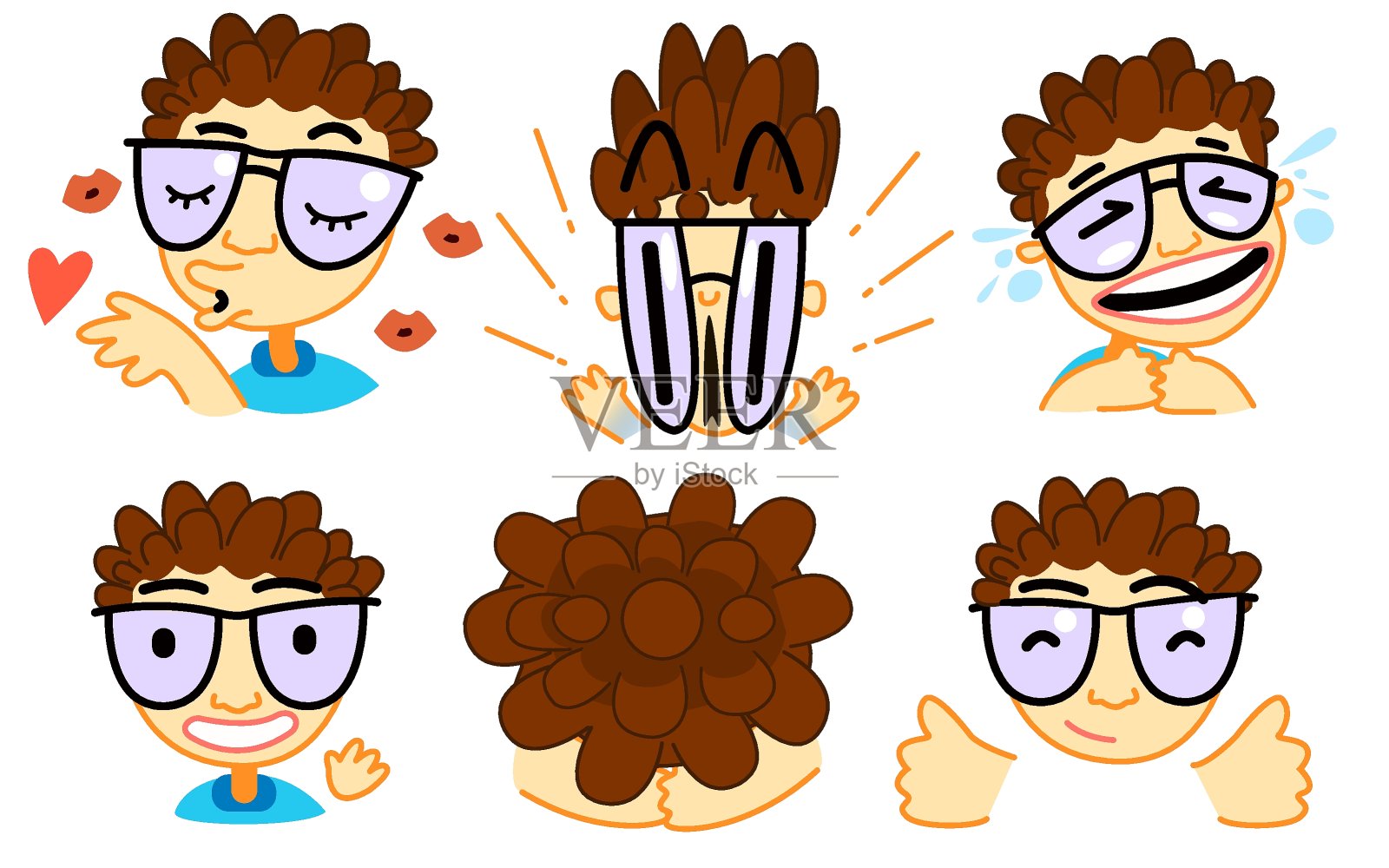 兴高采烈的红发卷发男人有着不同的情绪。插画图片素材