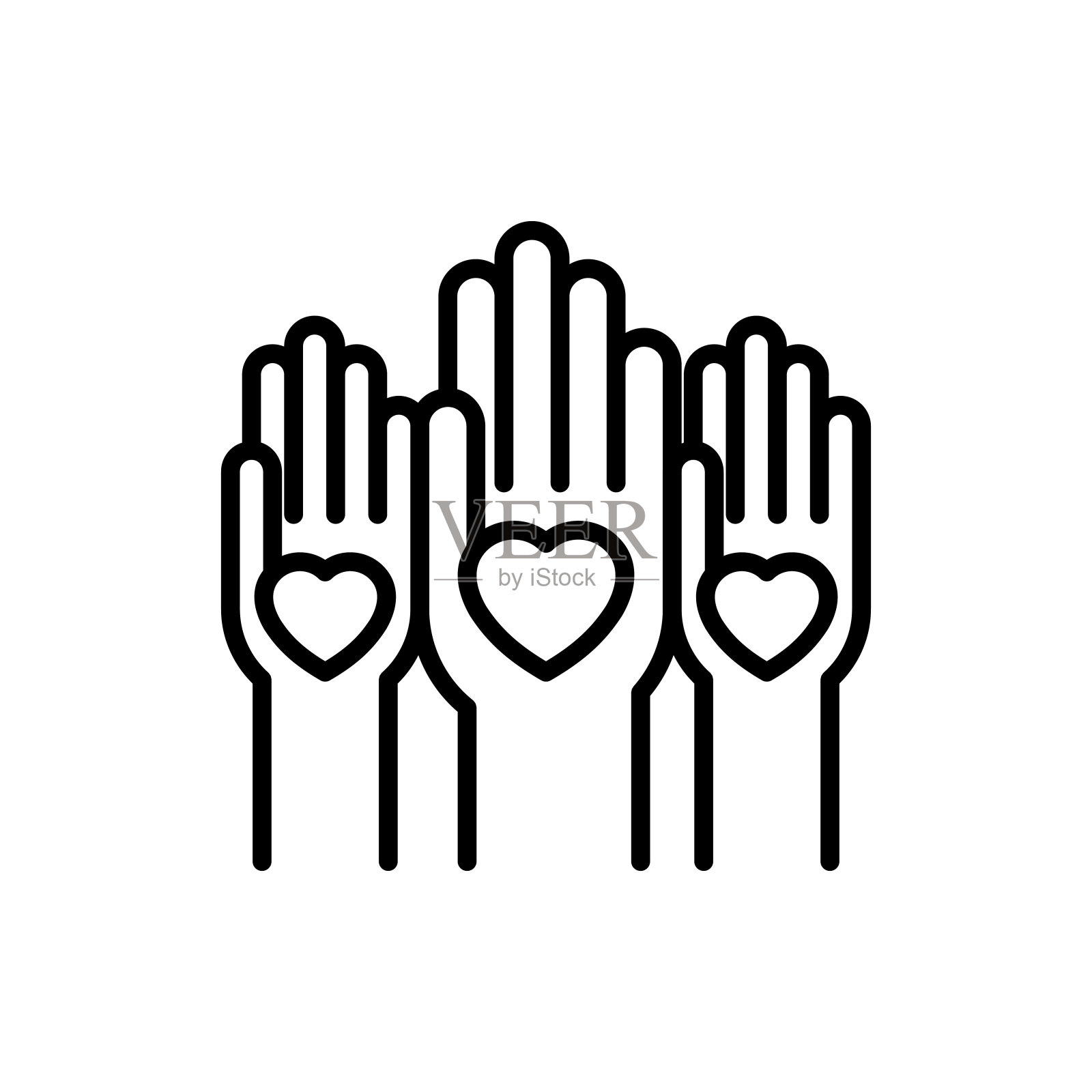 拒绝种族主义的细线图标，手与心在他们的手掌。志愿者。慈善捐赠。矢量说明宽容，社会平等。设计元素图片