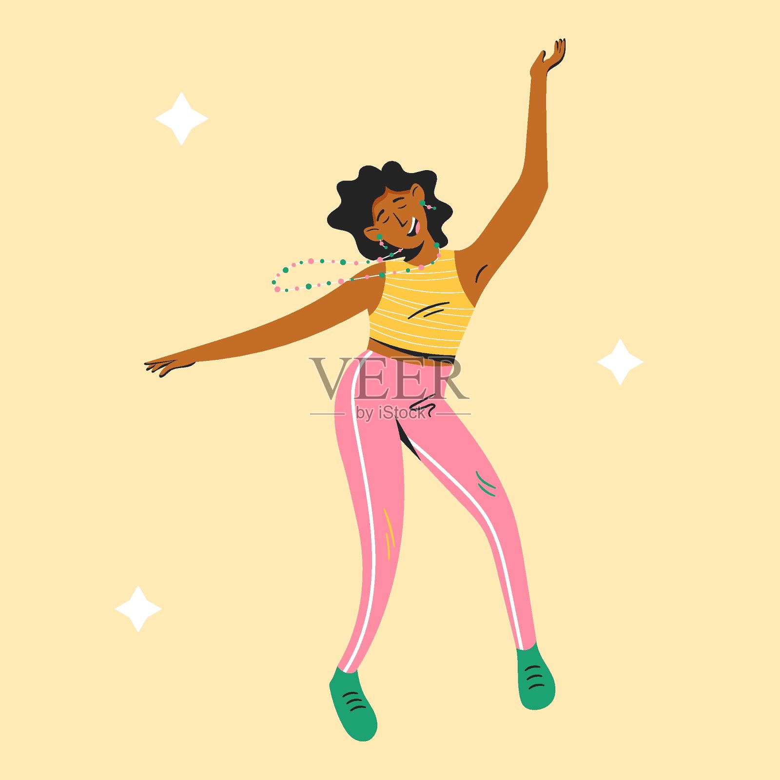 快乐的跳舞女人孤立在黄色的背景。矢量插图在卡通风格。插画图片素材