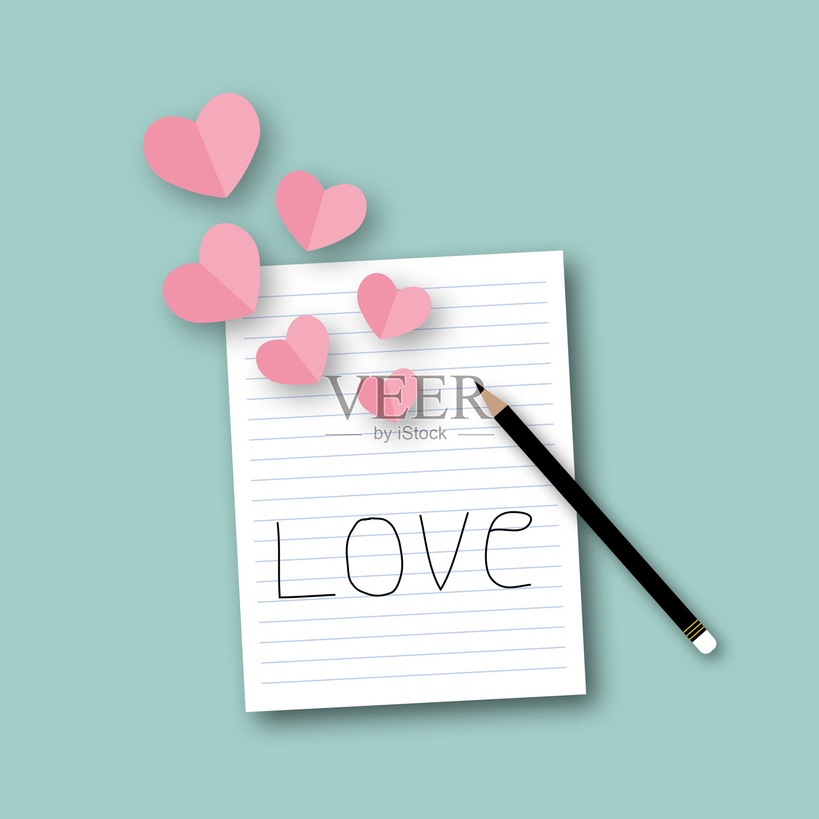 粉红色的心与纸和铅笔在绿色的背景。婚礼和情人节贺卡。插画图片素材