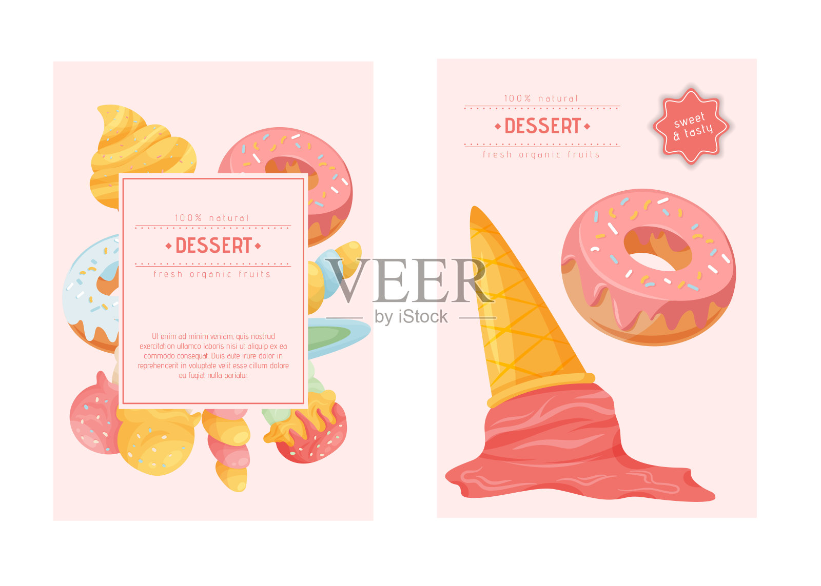 甜点的海报设计。有釉面的甜甜圈，华夫蛋筒和棒子上的冰淇淋。设计模板素材