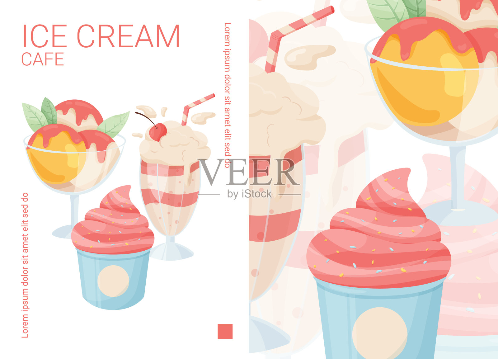 冰淇淋咖啡馆海报设计。不同的冰淇淋，玻璃杯里的，华夫蛋筒里的，奶昔。设计模板素材