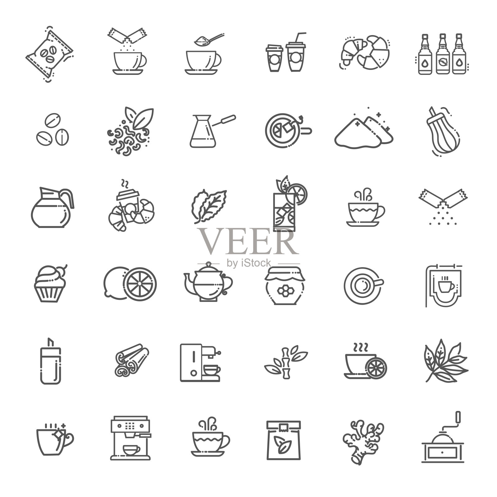 咖啡和茶矢量图标设置。细线设计图标素材