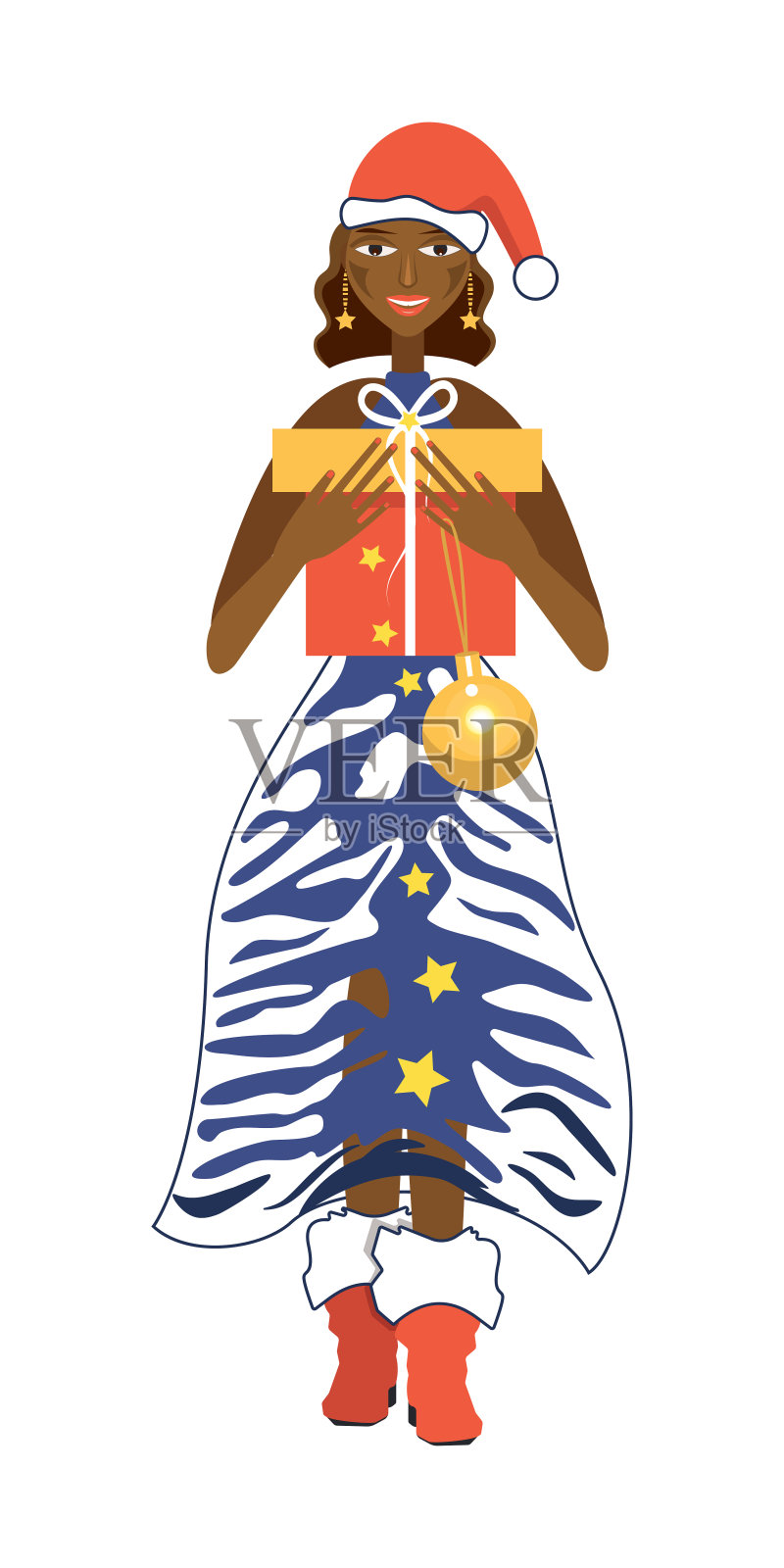 可爱的黑皮肤女孩戴着圣诞老人的帽子。2022年圣诞节和新年庆祝概念。插画图片素材