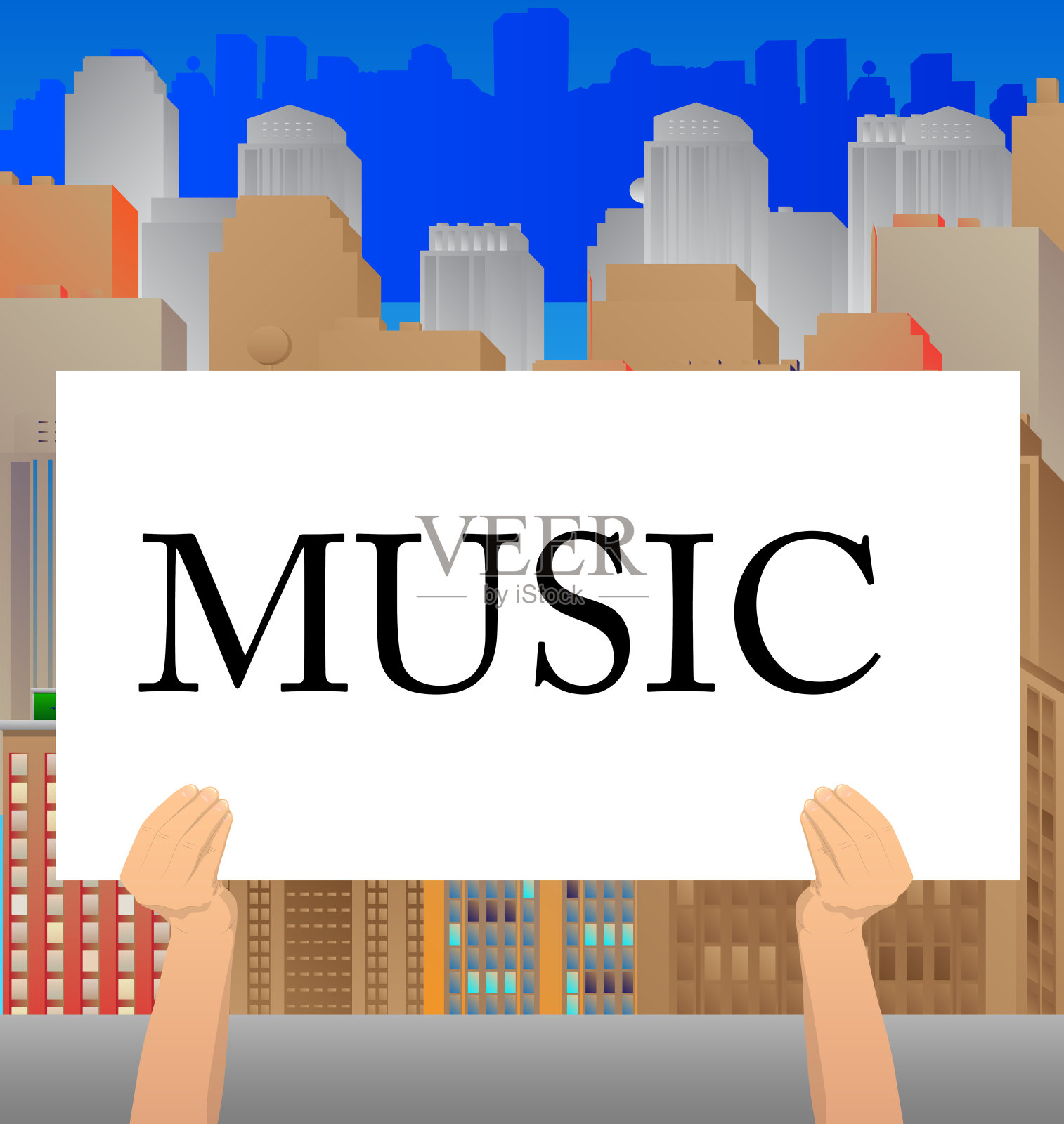 手拿横幅与音乐文字在白纸上。插画图片素材