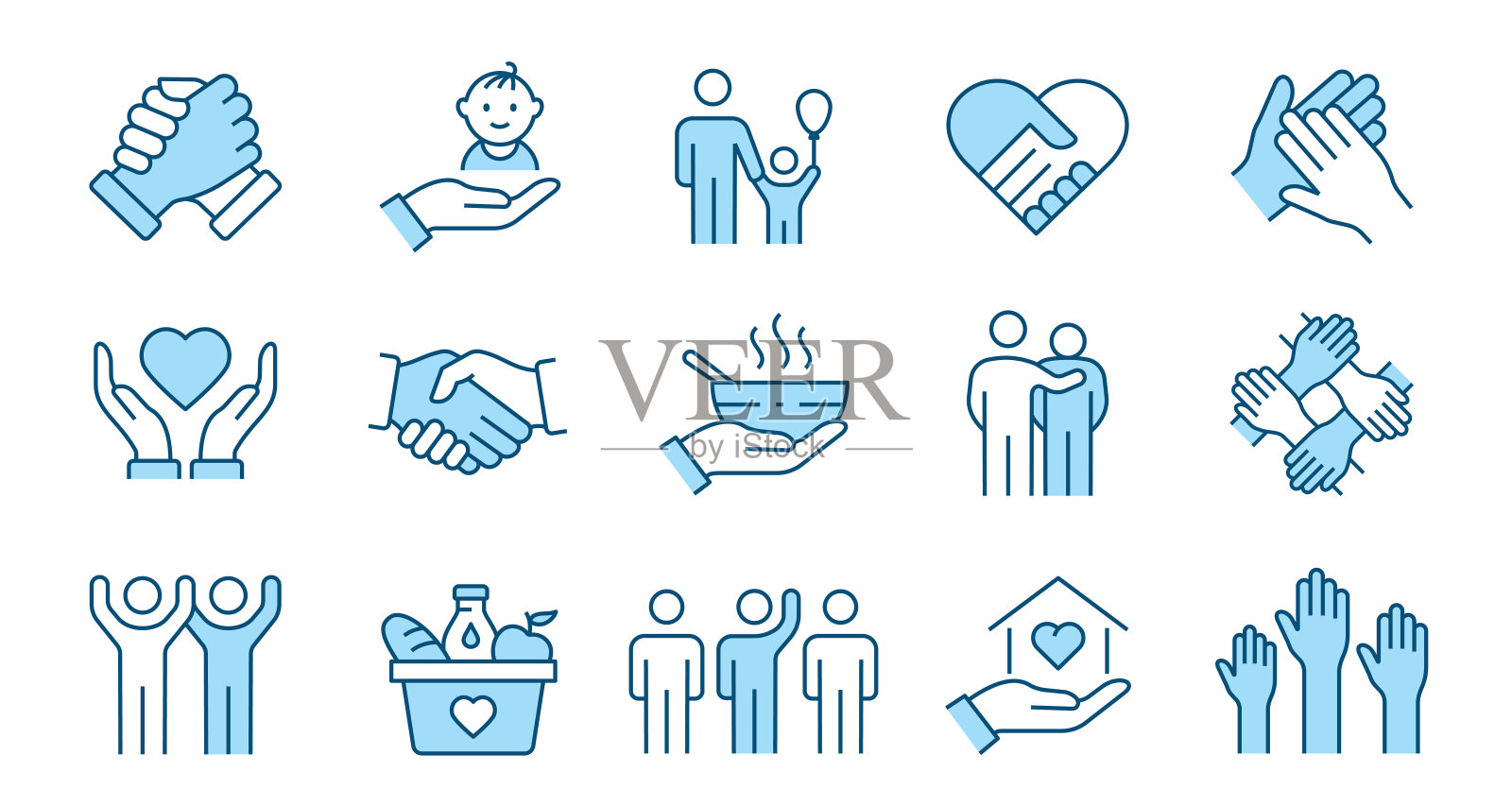 慈善线图标集。社区的集合，信任，关怀，团结等更多。可编辑的中风。图标素材