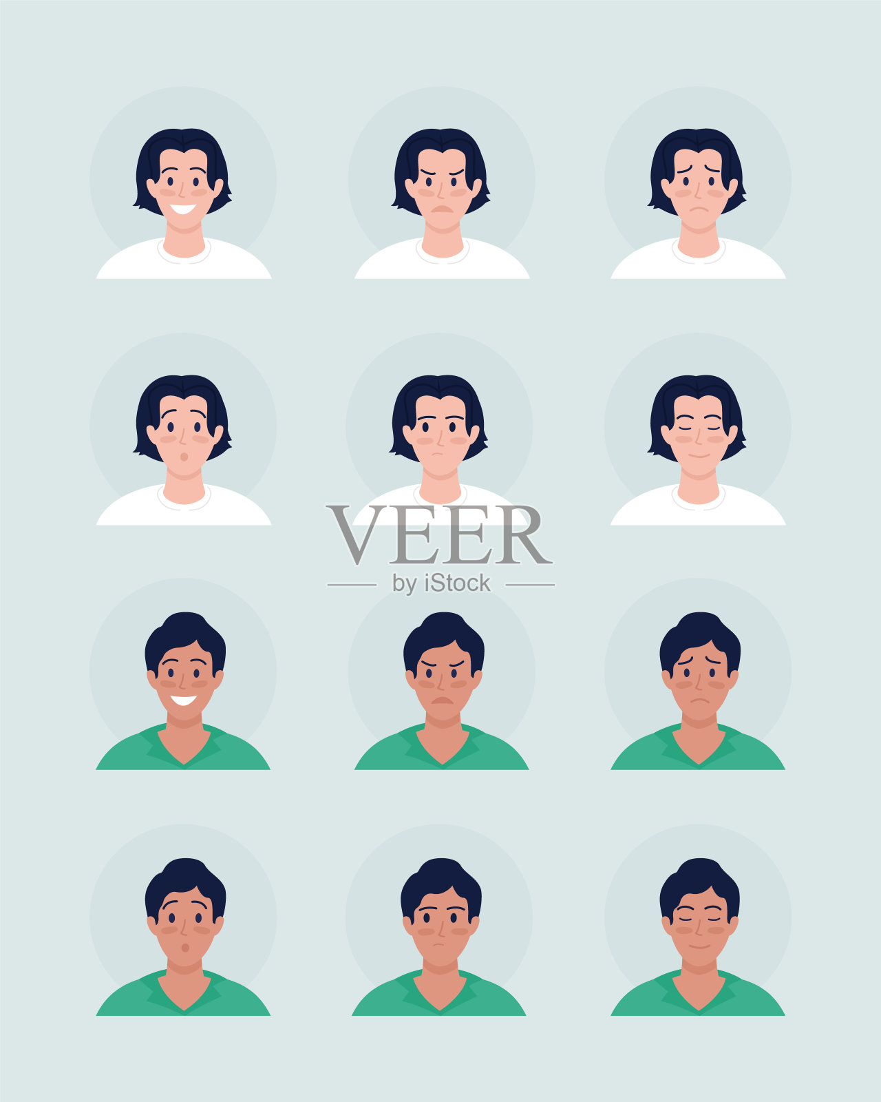 各种男孩面部表情半平颜色向量角色化身集插画图片素材