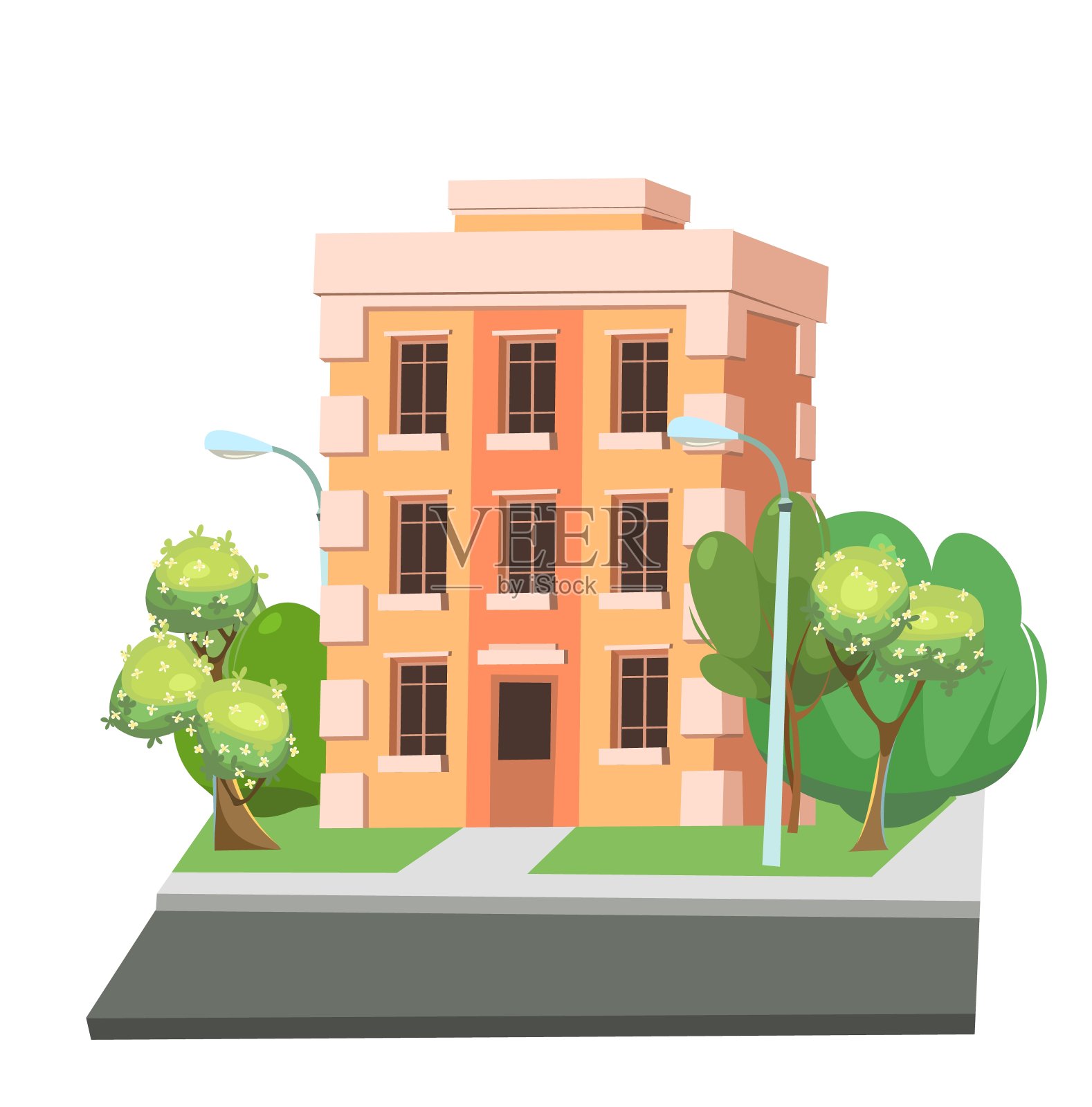 橙色的城市建筑。在树林里。卡通有趣的扁平风格。孤立在白色背景。有窗户的住宅建筑。沥青道路。向量。插画图片素材