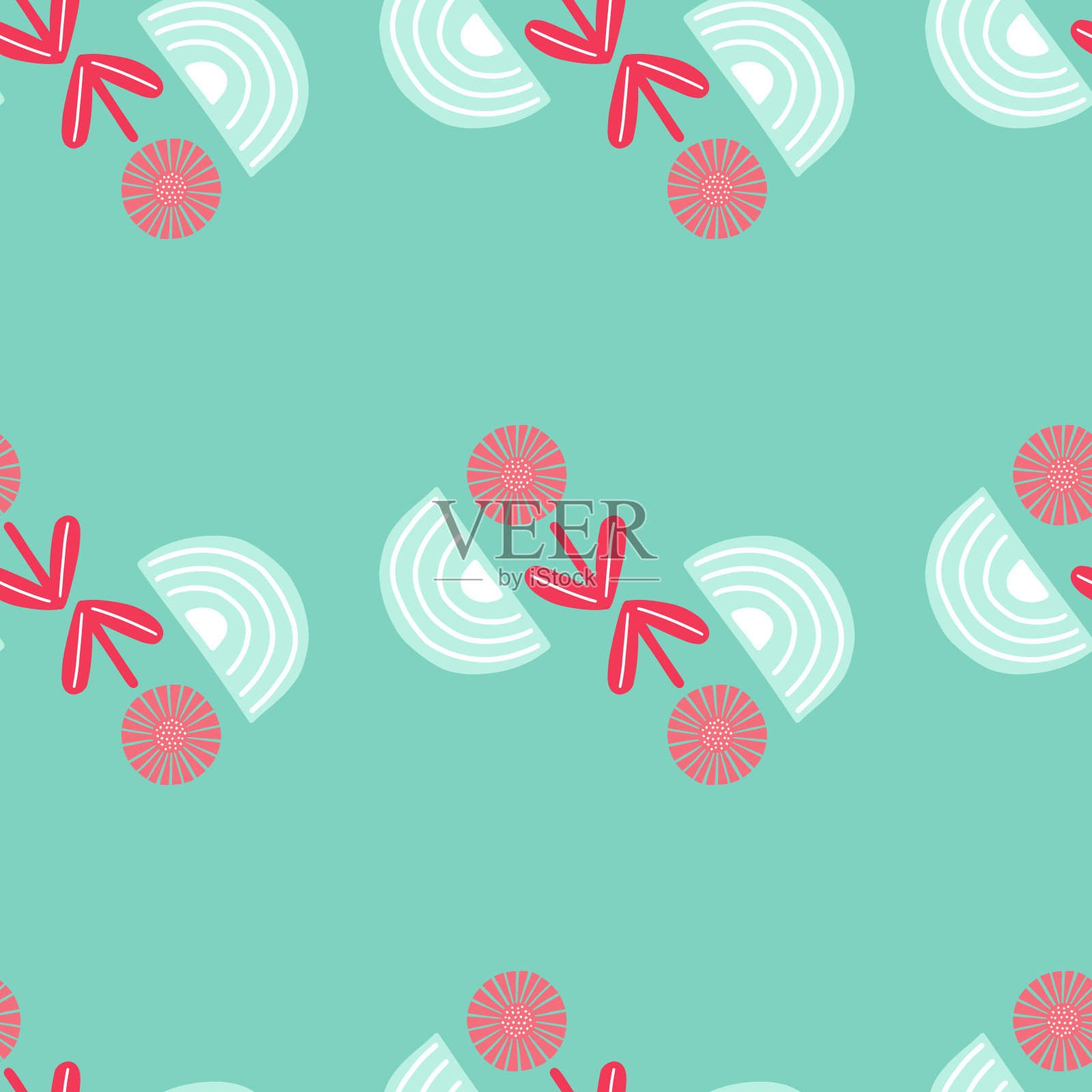 无缝图案抽象花在绿松石背景。极简粉色的植物纹理纺织设计。插画图片素材