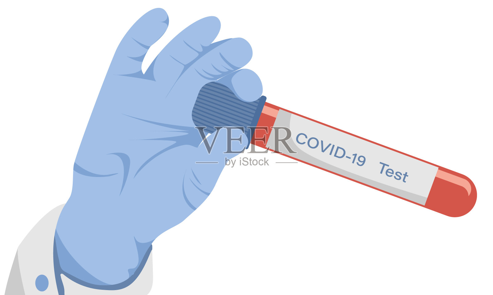 一只手戴着医用手套，手里拿着一个装有血液样本的试管。covid-19测试。病毒的医学检查世界艾滋病日。孤立的平面矢量图插画图片素材