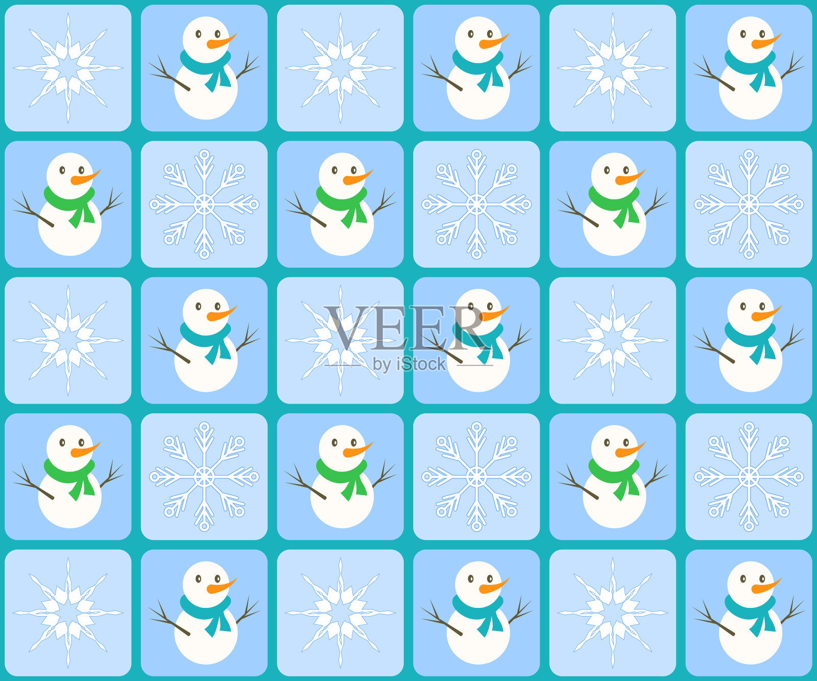 无缝图案在蓝色方格背景与雪人和雪花插画图片素材