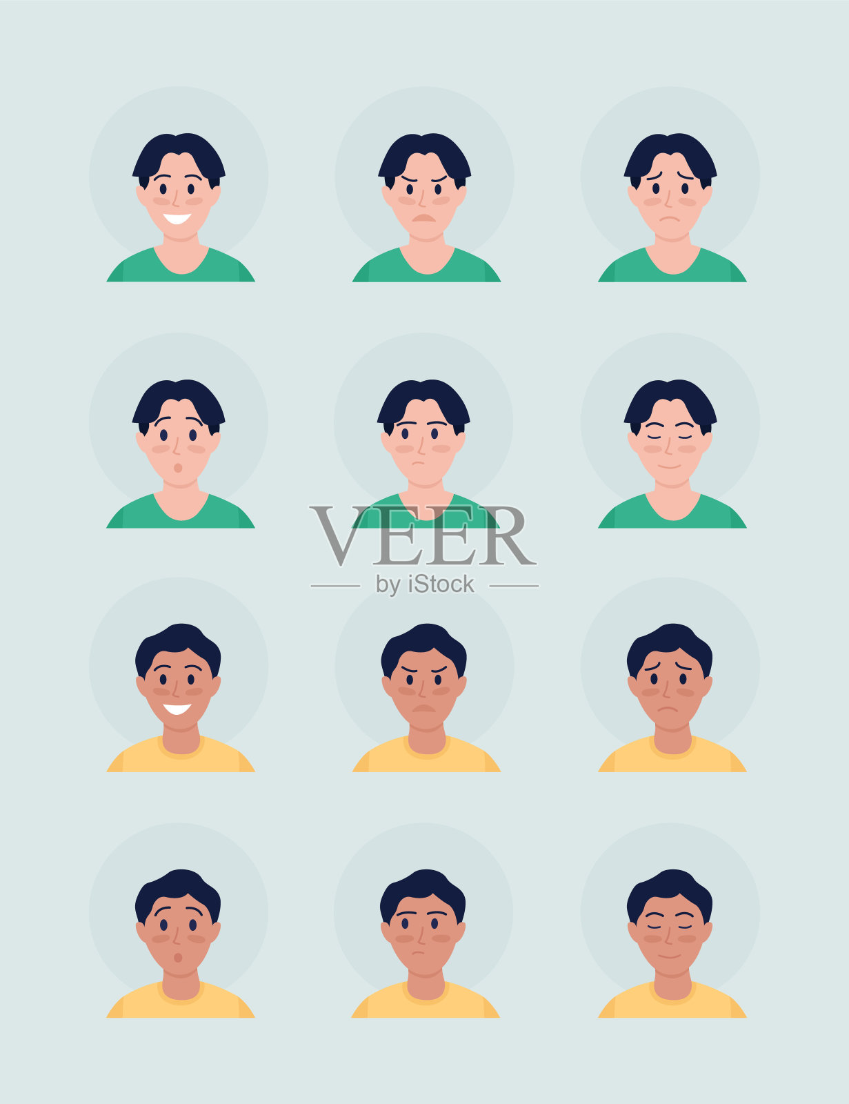 多样化的男孩面部表情半平面颜色向量角色化身集插画图片素材