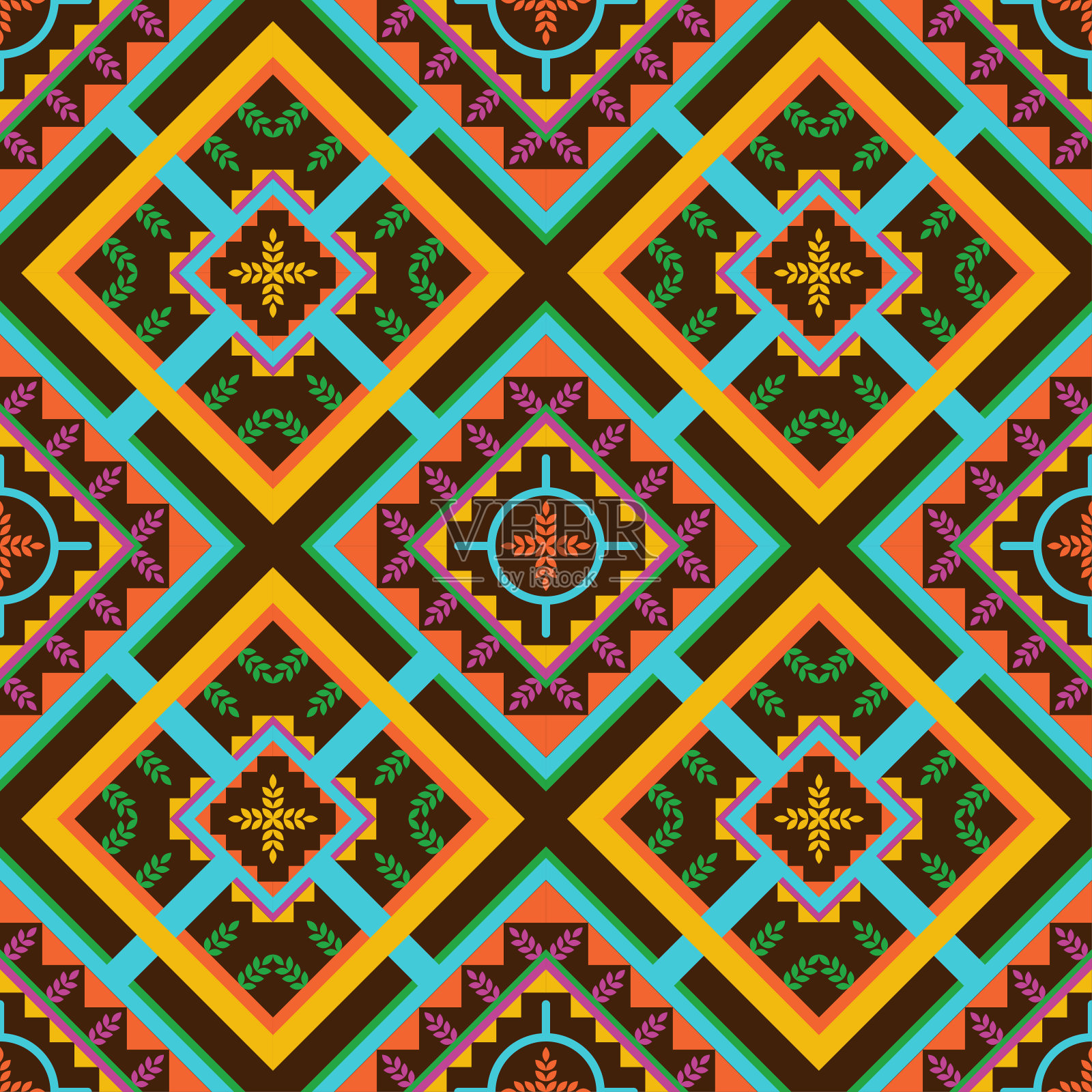 几何民族伊卡特东方图案传统。方形、三角形、圆形无缝设计。用于背景，地毯，壁纸，衣服，包装，蜡染，织物，矢量插图，刺绣插画图片素材