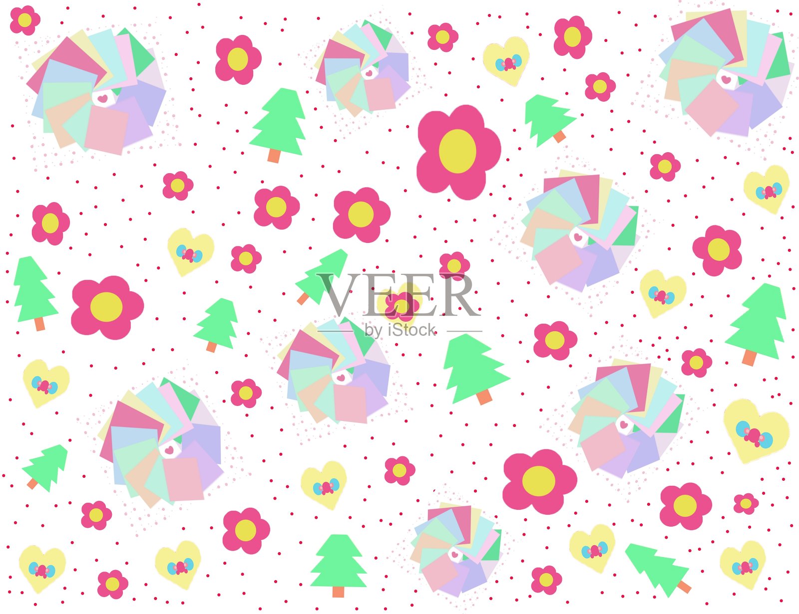 明亮的圣诞树和鲜花无缝图案设计彩色插图2021插画图片素材