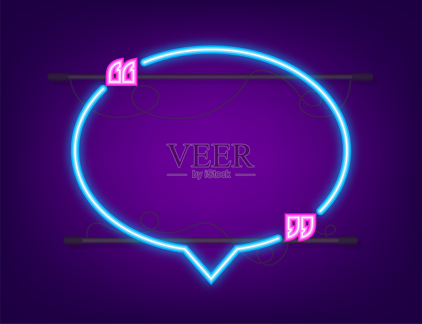 引用霓虹灯。矢量霓虹灯报价盒，闪耀在蓝色背景。矢量图插画图片素材