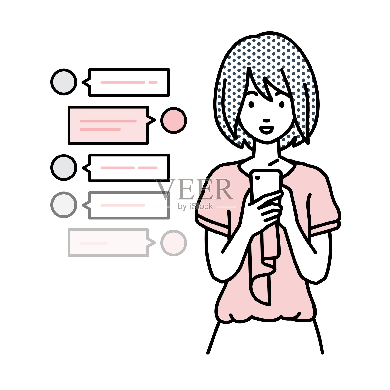 工作随意的女性站在那里，看着手中的智能手机，通过sns聊天聊天插画图片素材