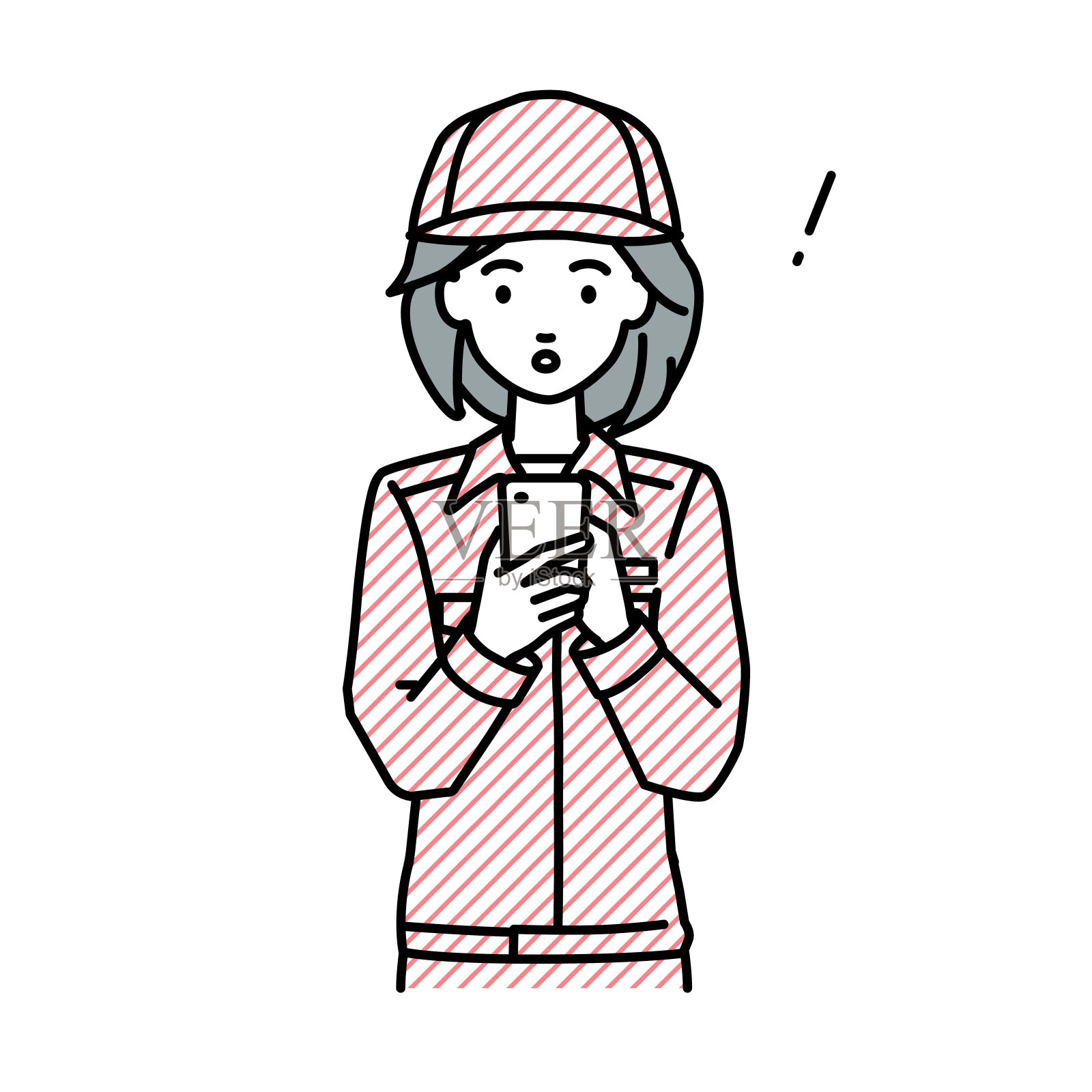 一名蓝领妇女发现并注意到有东西站在那里，她往里看，手里拿着智能手机插画图片素材