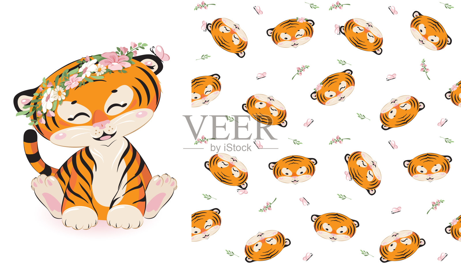老虎可爱的幼崽和图案丛林公主插画图片素材