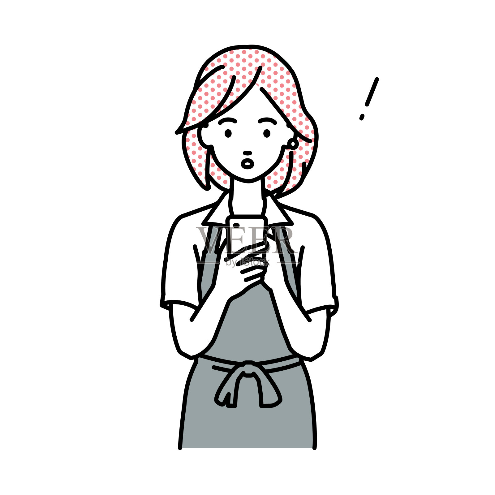 一个穿着咖啡围裙的女人发现并注意到有东西站在那里，往里看，手里拿着智能手机插画图片素材