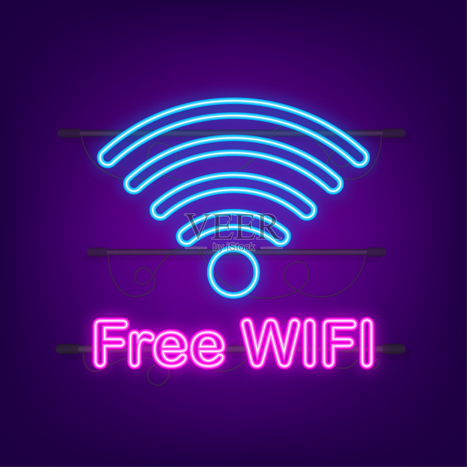 免费wifi区域蓝色图标。这里免费wifi标识概念。霓虹灯图标。矢量图插画图片素材